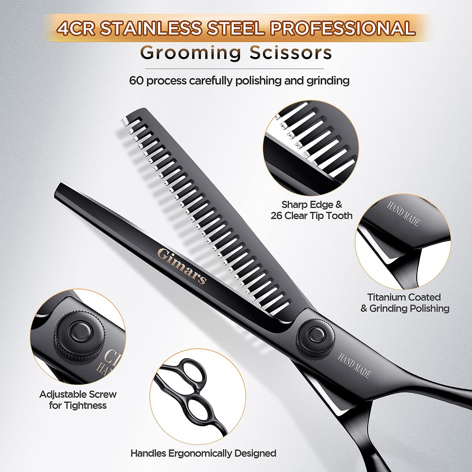 Gimars 6 in 1 Professional Grooming Scissors for Dogs, Cats - Stainless Steel, Heavy Duty, Safety Round Tip, Black