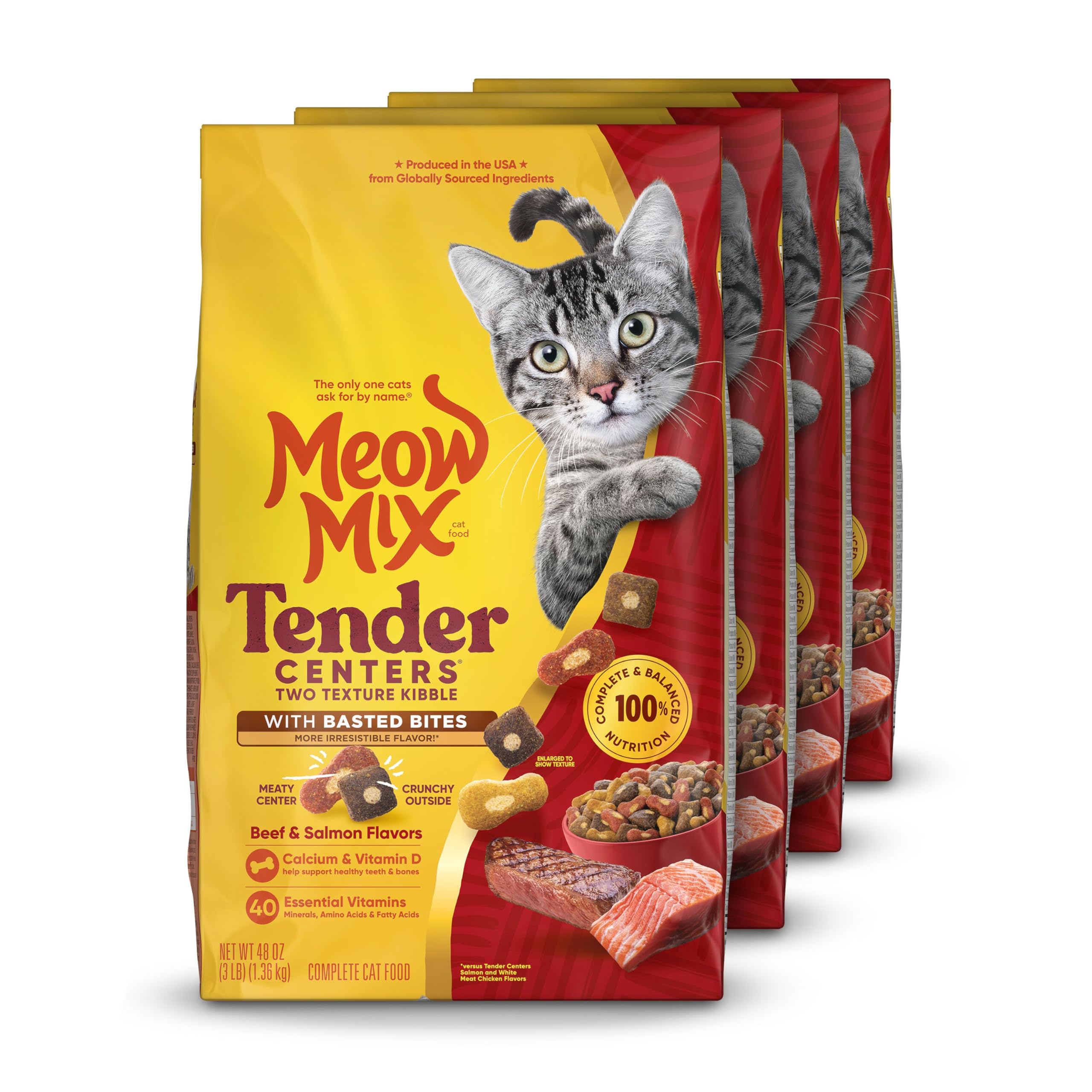 Meow Mix Tender Centers Basted Bites Dry Cat Food, Beef & Salmon Flavors, 3 Pound (Pack of 4), Crunchy Outside Meaty Inside