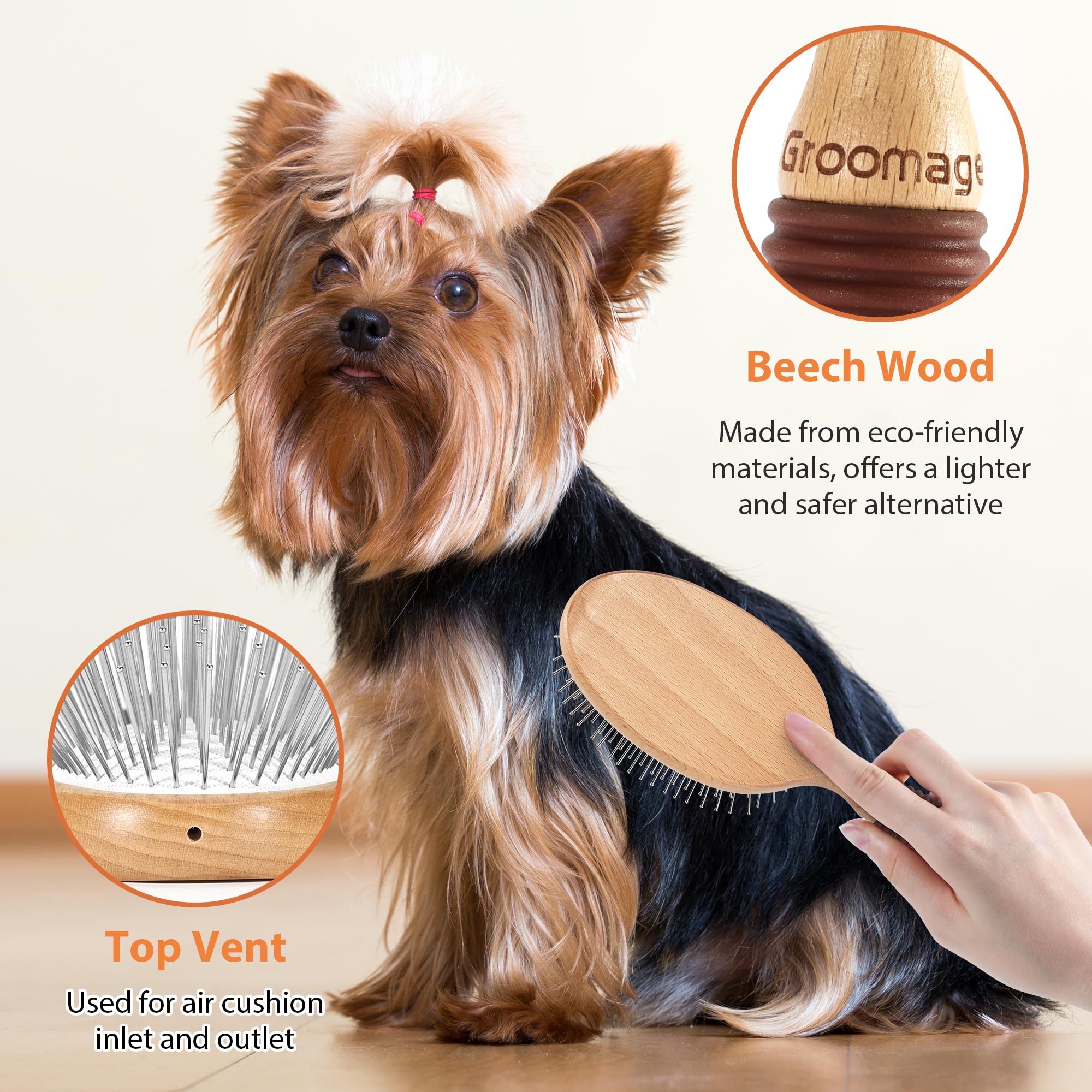 GROOMAGE Dog Brush for Long Haired Dogs - 27mm Extra Long Pin, Beech Wood, Non-Slip Handle, Round-Tipped Pins