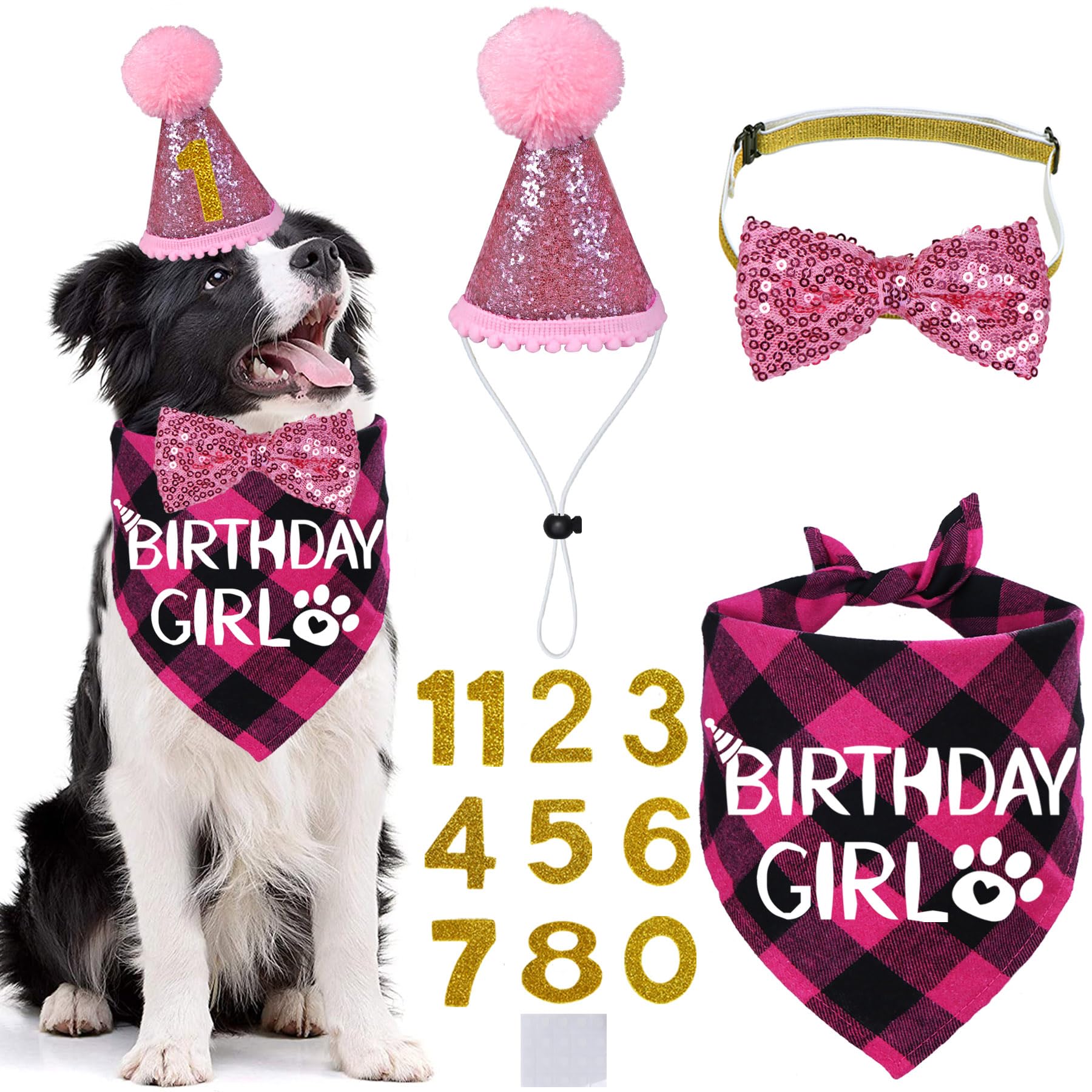 Stmk Dog Birthday Party Supplies, Multi Sizes Dog Birthday Hat With Numbers Bandana Bow Tie For Medium Large Dogs Pets Birthday 