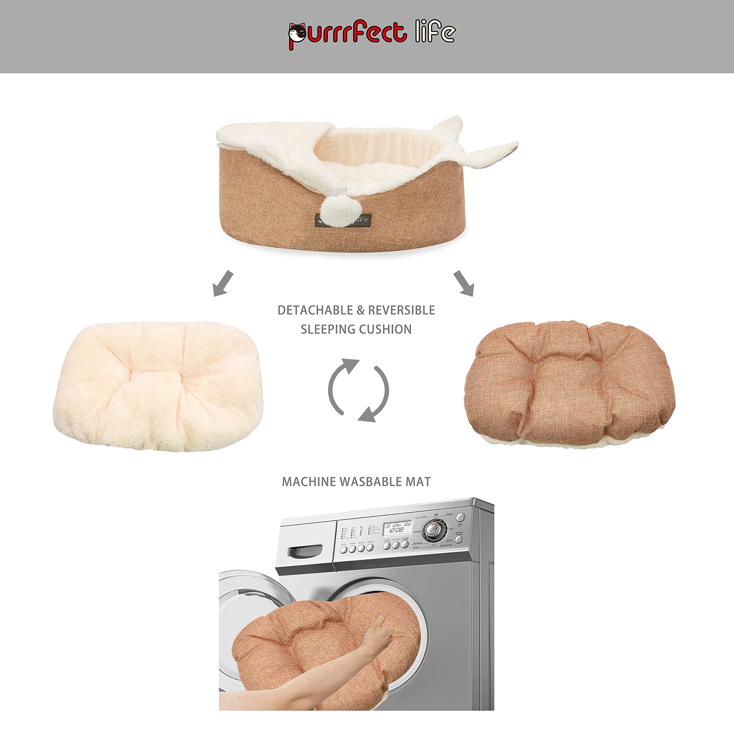 Purrrfect Life Oval Pet Beds For Cats And Small Dogs, Snuggery Pet Bed With Attached Blanket, Hooded Bolster Bed, Ultra Soft Short Plush, Washable High Resilience Pp Cotton, And More (Small, Brown)