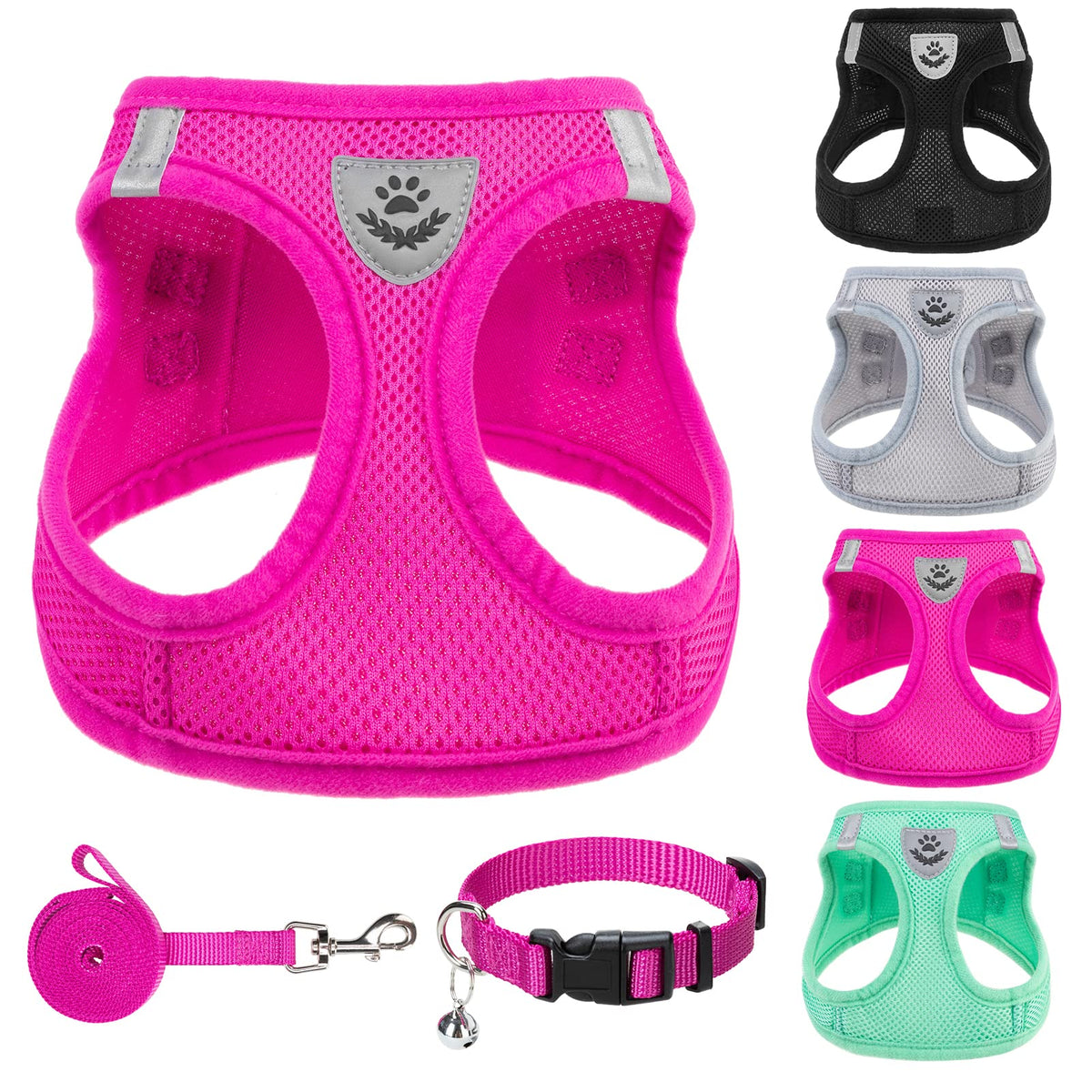 Pupteck Adjustable Dog Harness Collar And Leash Set Step In No Pull Pet Harness For Small Medium Dogs Puppy And Cats Outdoor Walking Running, Soft Mesh Padded Reflective Vest Harnesses, Solid Pink S