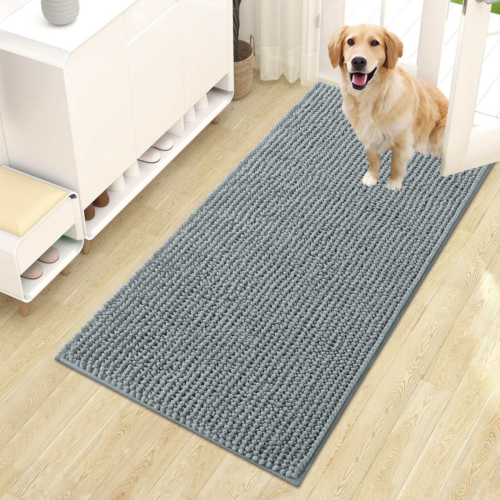 OLANLY Dog Door Mat for Muddy Paws 44x24, Ultra Absorbent Chenille Mud Doormat, Non-Slip Washable and Dirt Trapping Doormat for 