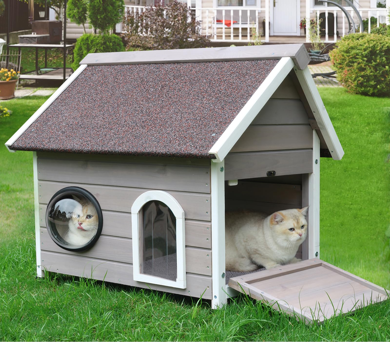 Rockever Outdoor Cat House, Feral Cat House Outdoor Weatherproof With Escape Door And Clear Windows For 2 Cats(With Self Warming