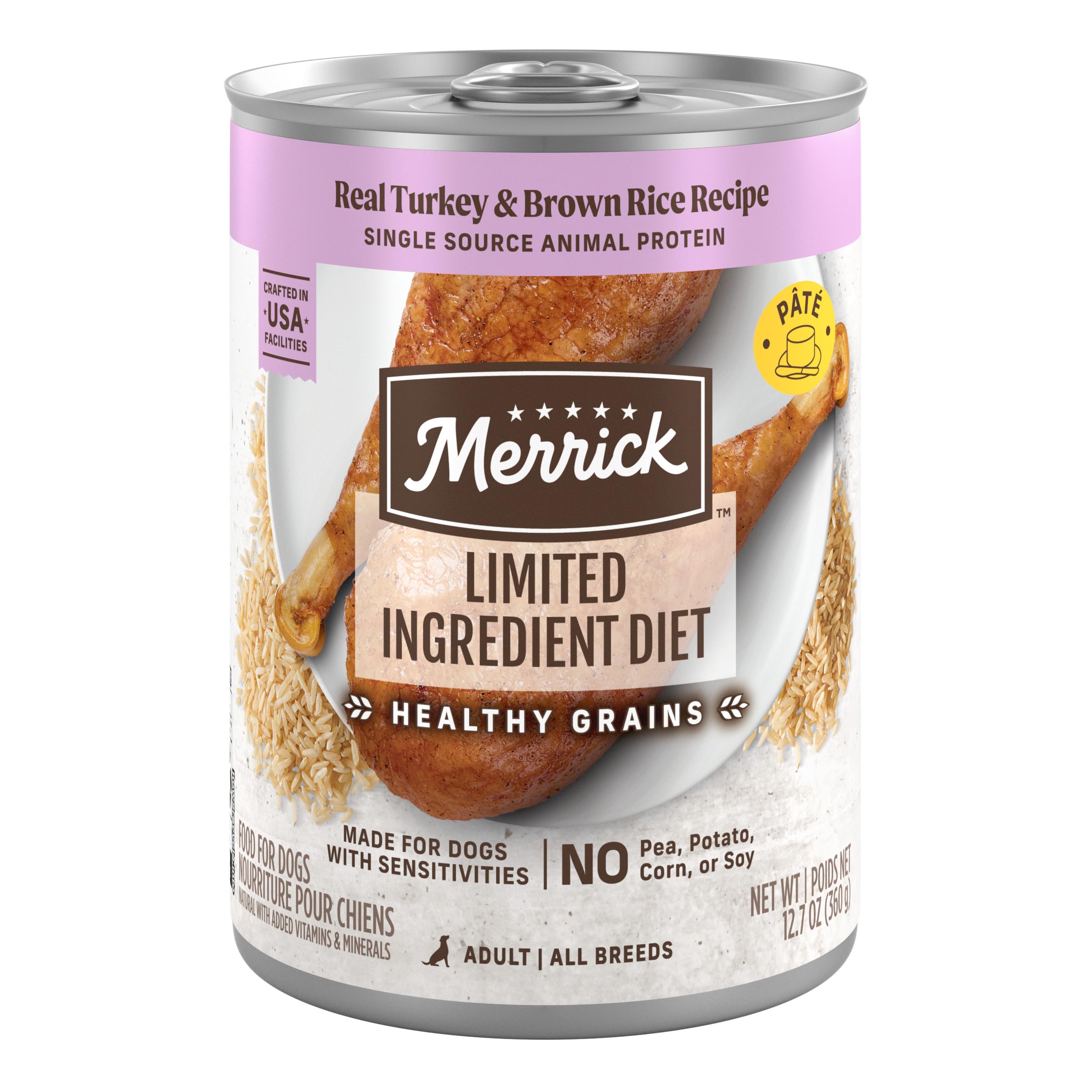Merrick Limited Ingredient Diet Premium with Healthy Grains Natural Canned Wet Dog Food Turkey and Brown Rice - (Pack of 12) 12.