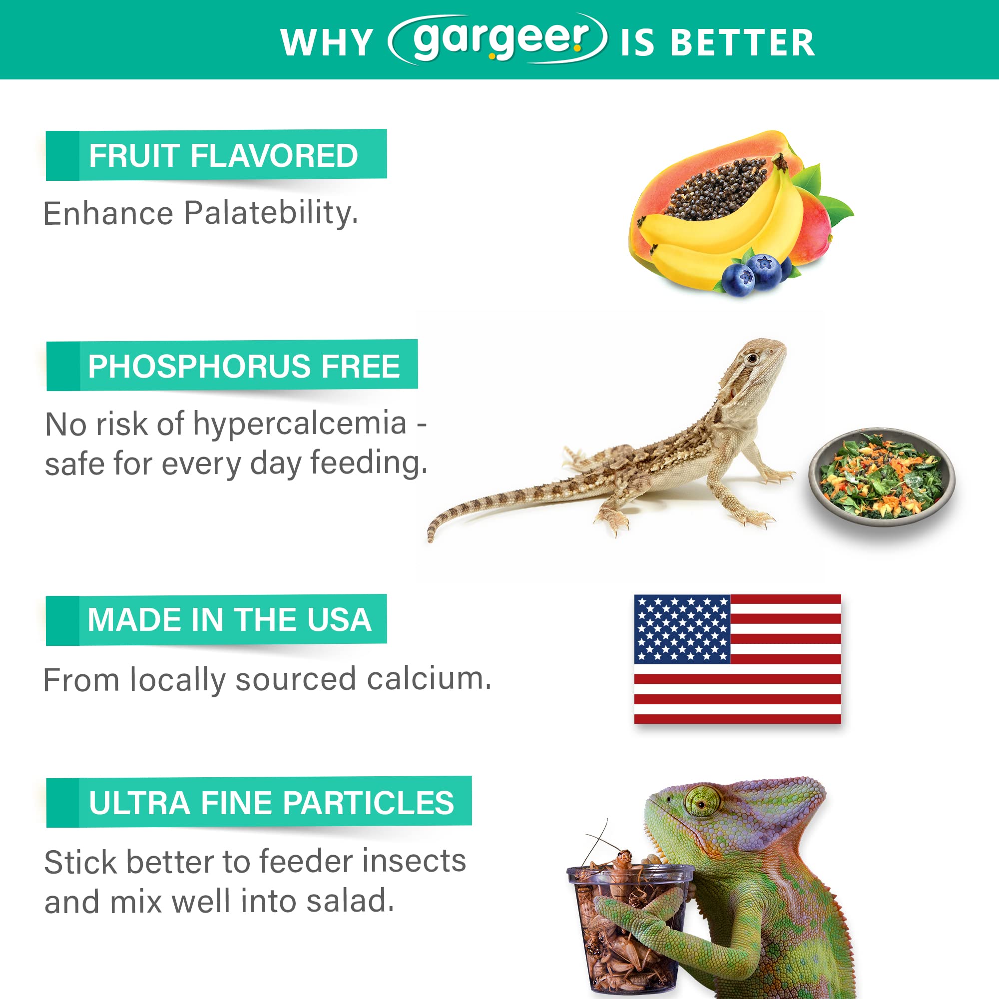 Gargeer 4oz All Reptile Calcium with Vitamin D3, Phosphorus-Free, Ultrafine Powder. Pure dust, Real Fruits Blend Flavored Ready
