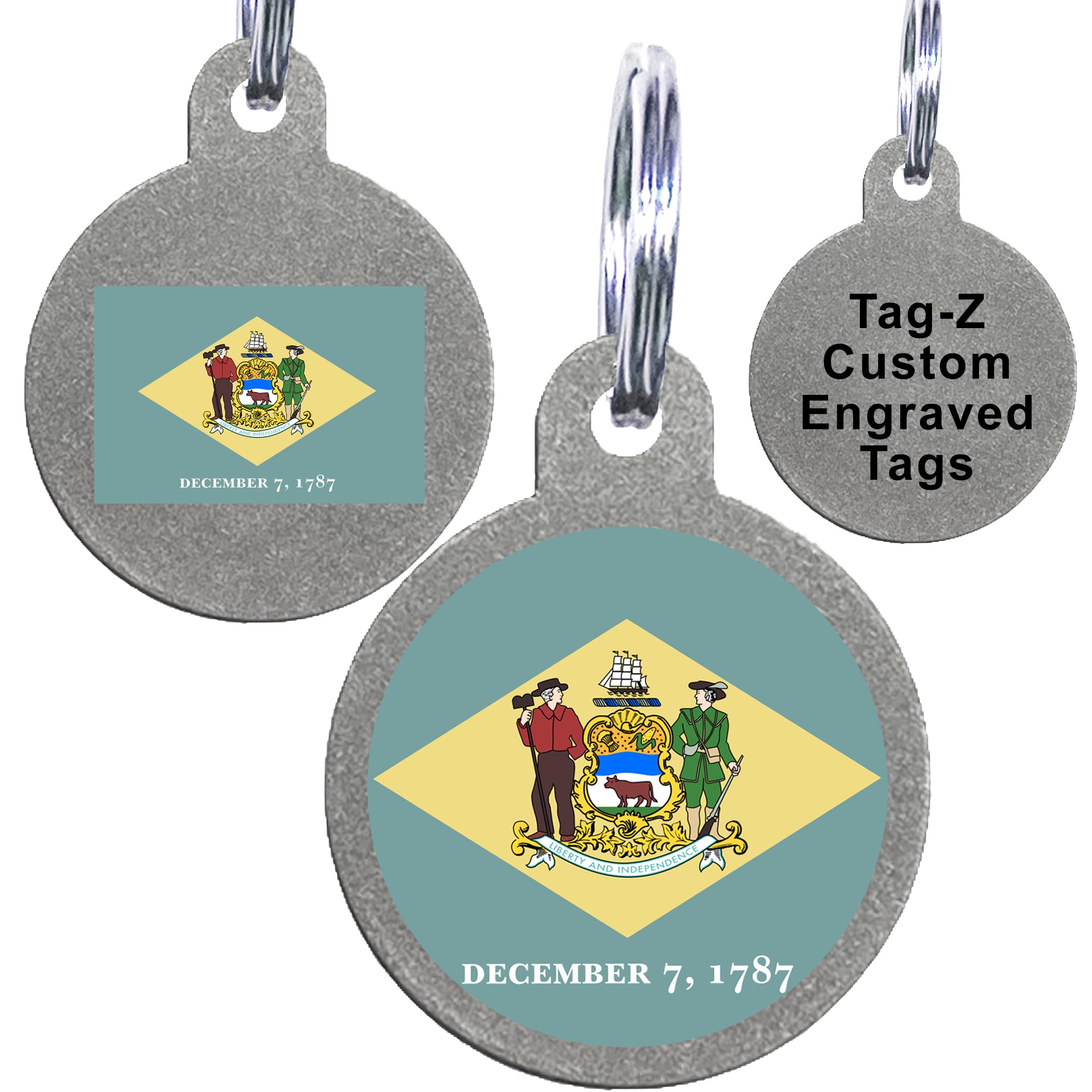 Delaware Flag Pet Id Tags, Custom Printed And Laser Engraved Circle