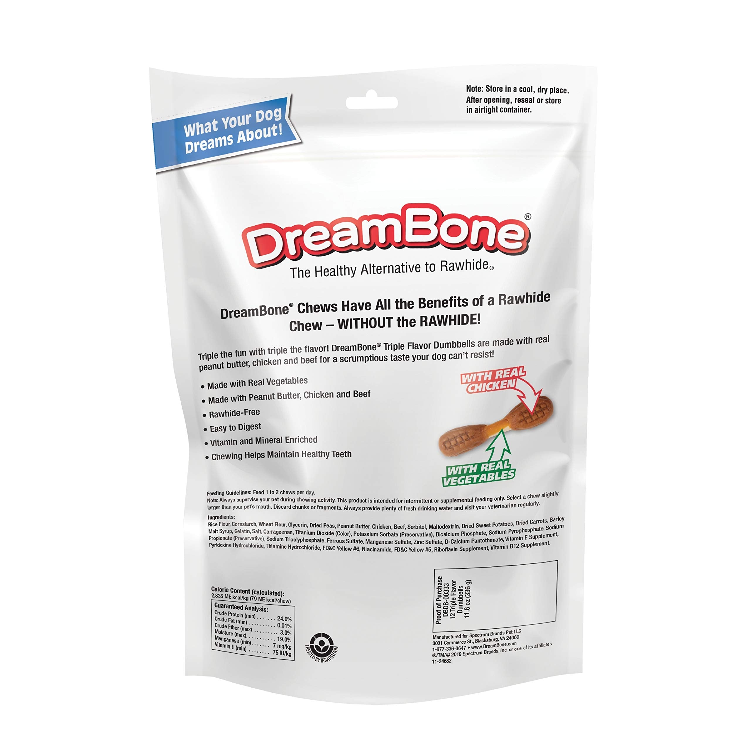 Dreambone Triple Flavor Dumbbells with Chicken 10 Count, Rawhide-Free Chews for Dogs (Pack of 24)