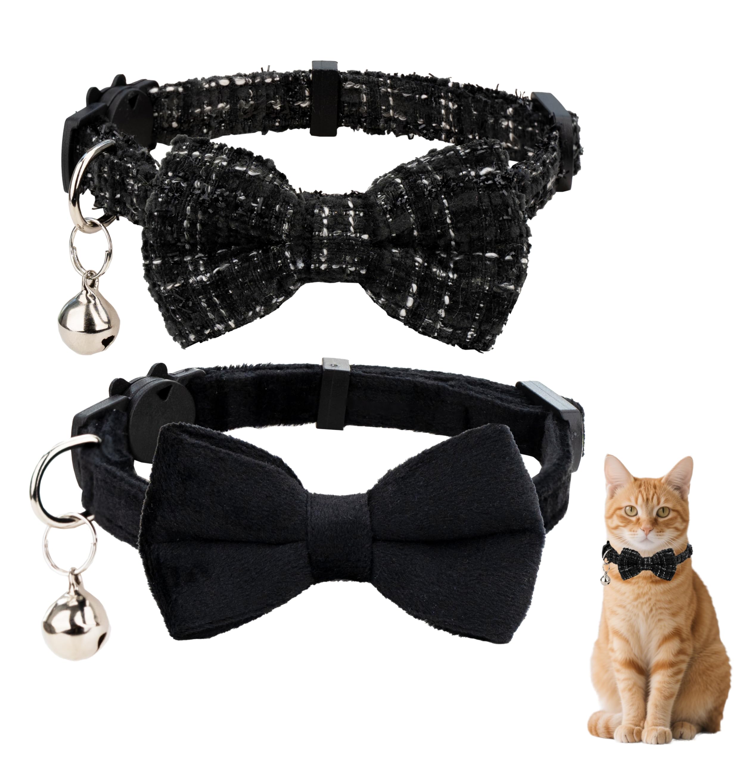 Gyapet Cat Collar Breakaway With Bell Boy Girl Kitten Bow Tie Safety Plaid Solid Color Set Cute Soft Summer B-[2Pcs] Black