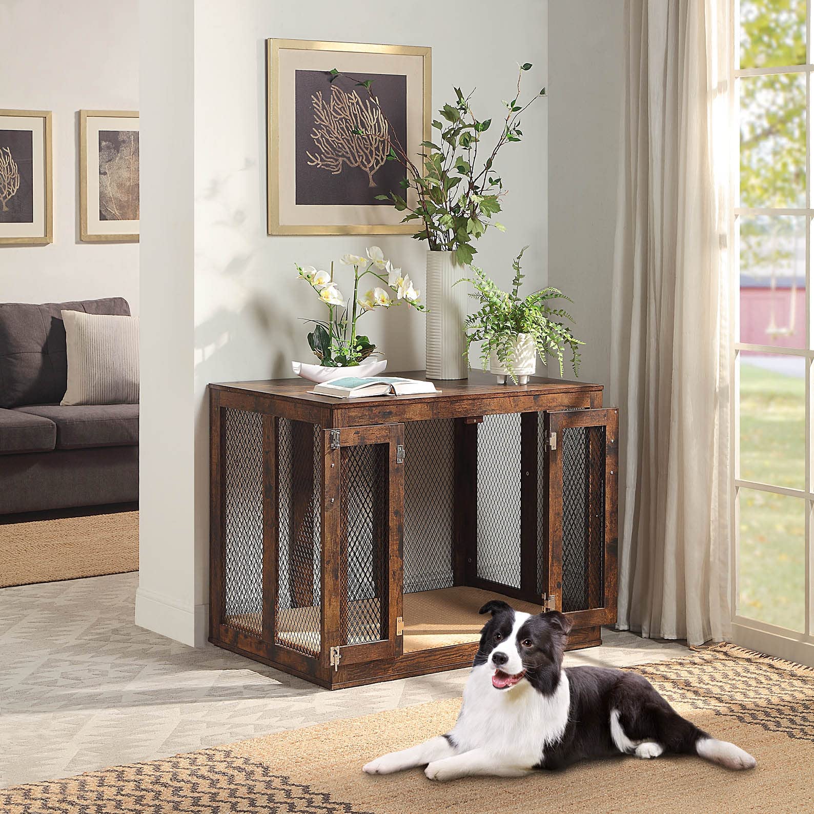 unipaws Large Rustic Dog Crate - Engineered Wood Kennel, 38.6"L x 27.9"W x 31.1"H, Modern Decorative Design, Model UH5148