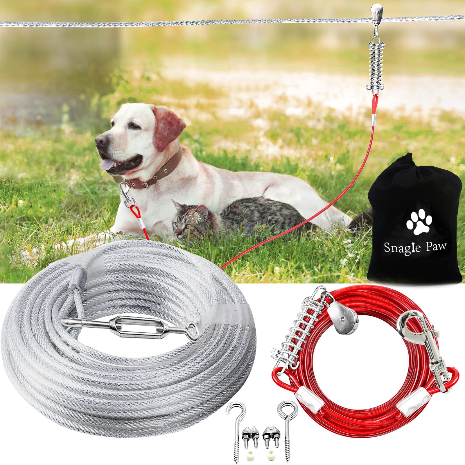 Snagle Paw Dog Tie Out Runner For Yard,Trolley System For Large Dogs,Heavy Duty Dog Run Cable With 10Ft Pulley Runner Line For Dogs Up To 125Lbs,Yard Or Camping,75Ft