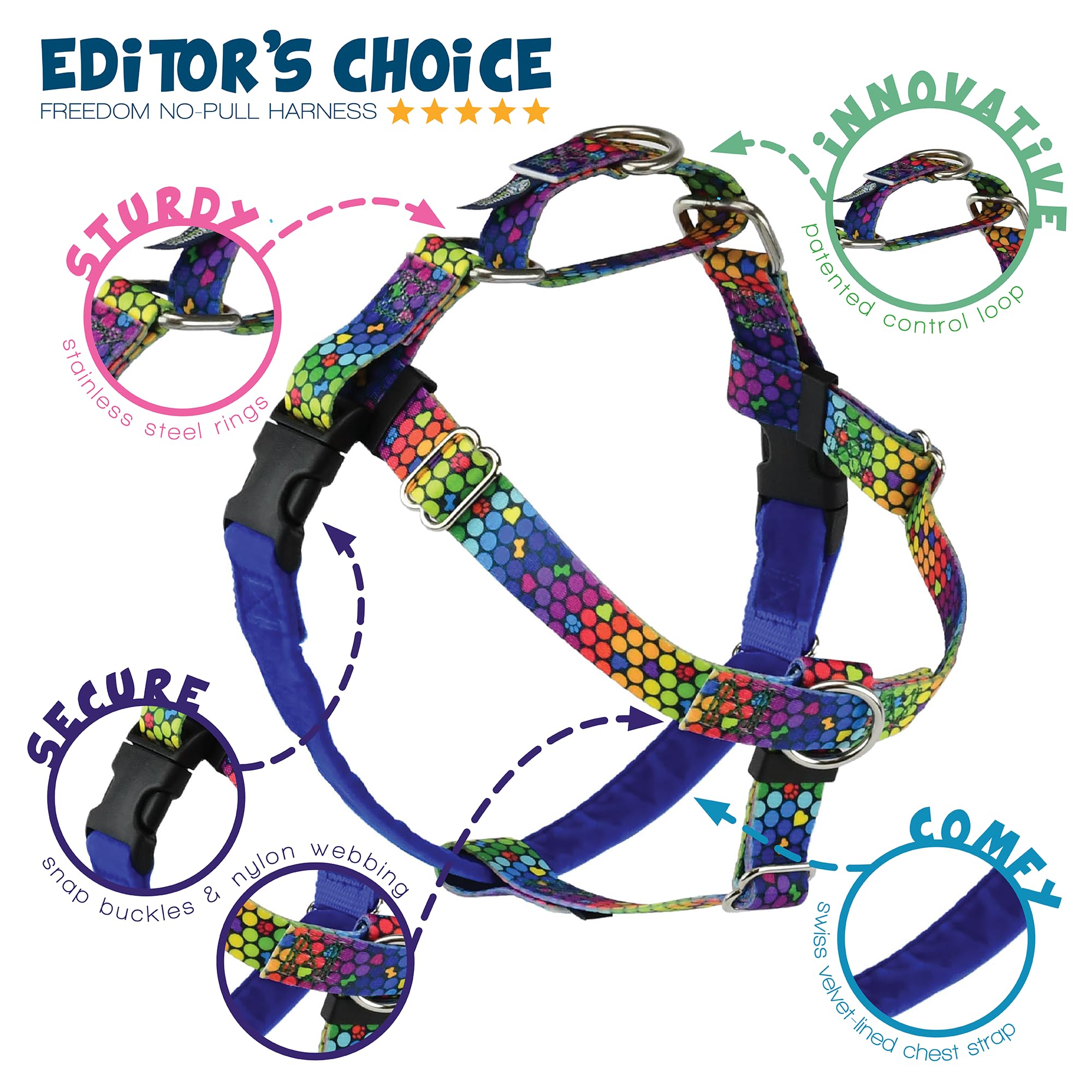 2 Hounds Design - Freedom No-Pull Harness & Training Leash In Blue And Rainbow | Dual Leash Loops, No Pulling On Walks | Lined T