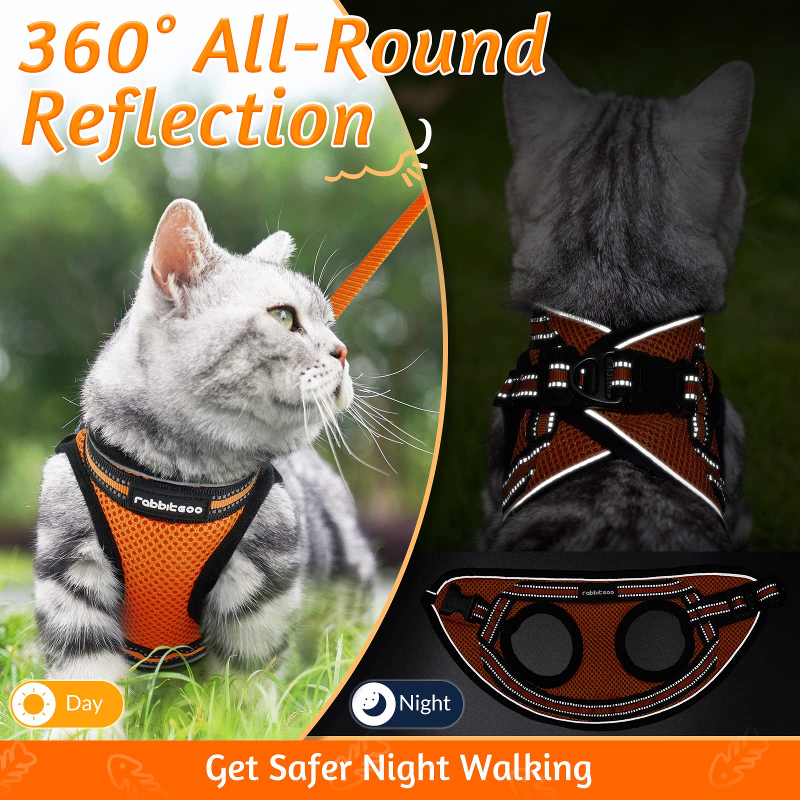 Rabbitgoo Cat Harness And Leash Set For Walking Escape Proof, Adjustable Soft Kittens Vest With Reflective Strip For Cats, Comfortable Outdoor Vest,Light Orange,L