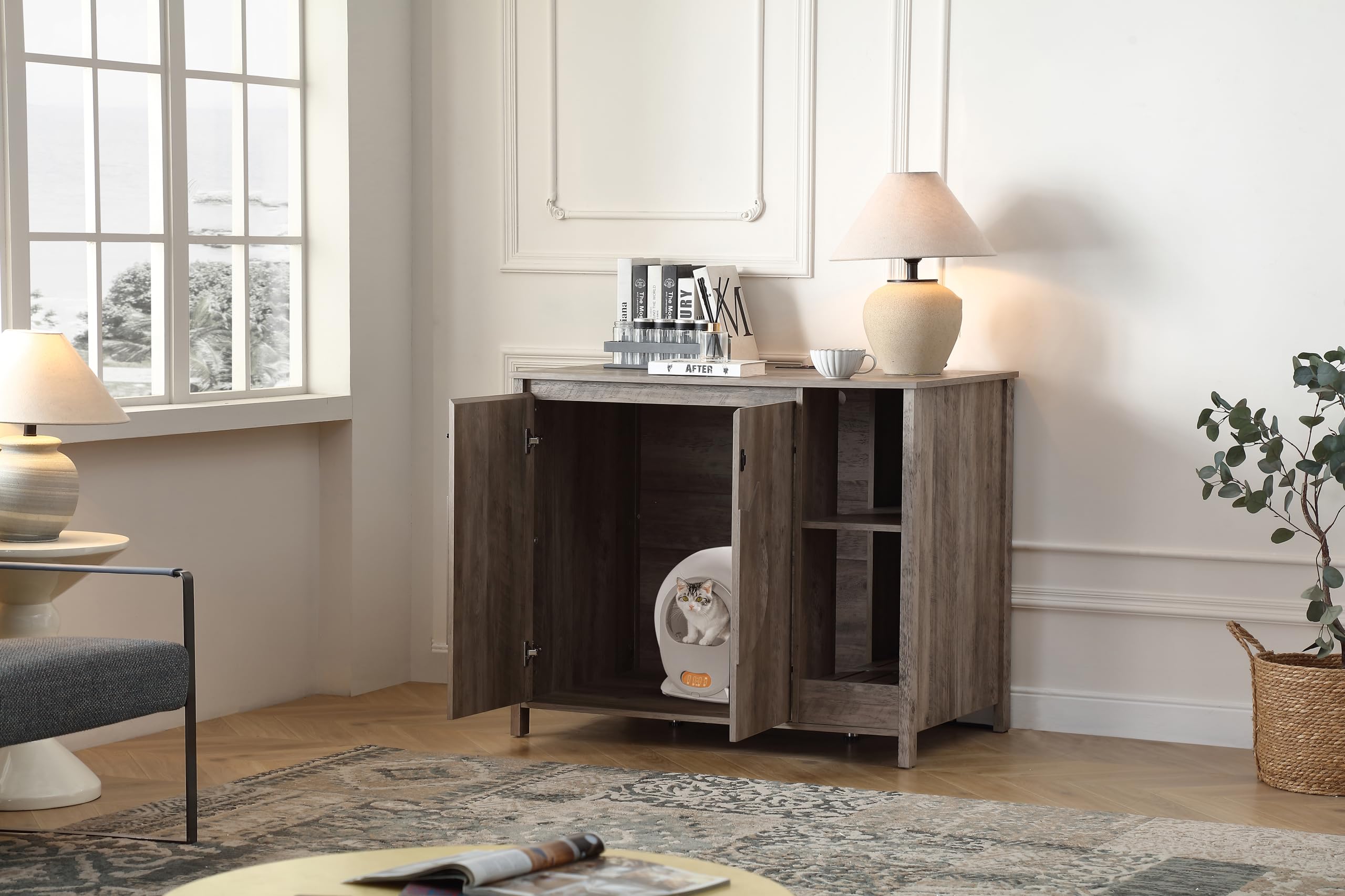 Forest Gravity Cat-Faced Doors Cat Litter Robot Enclosure,Automatic Litter Box Enclosure For Litter Robot 3/4,Power Outlet For L