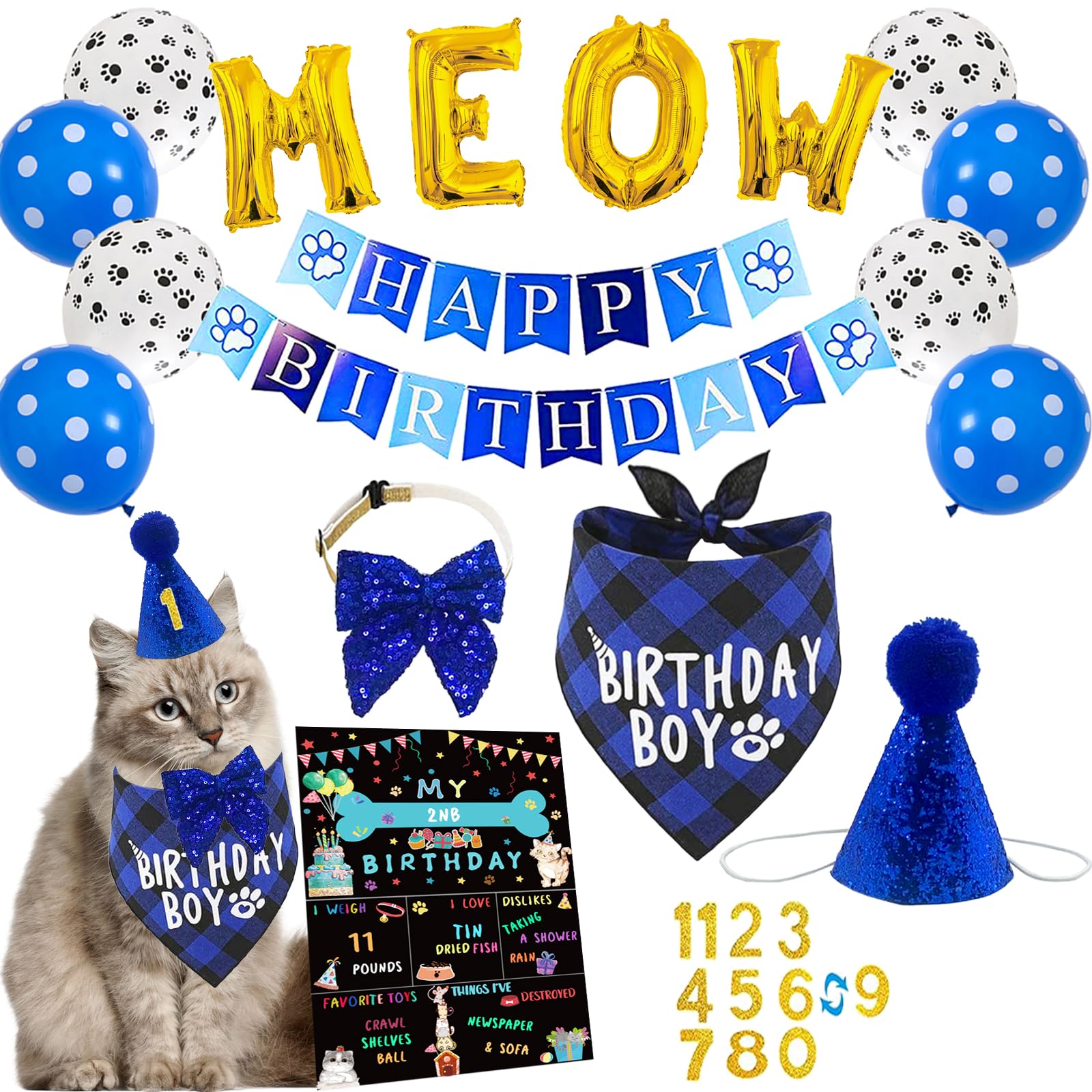Cat Kitten Birthday Bandanas Cat Birthday Party Supplies Party Hat Boy With Cat Birthday Banner Balloons Meow Letter Foil Balloo
