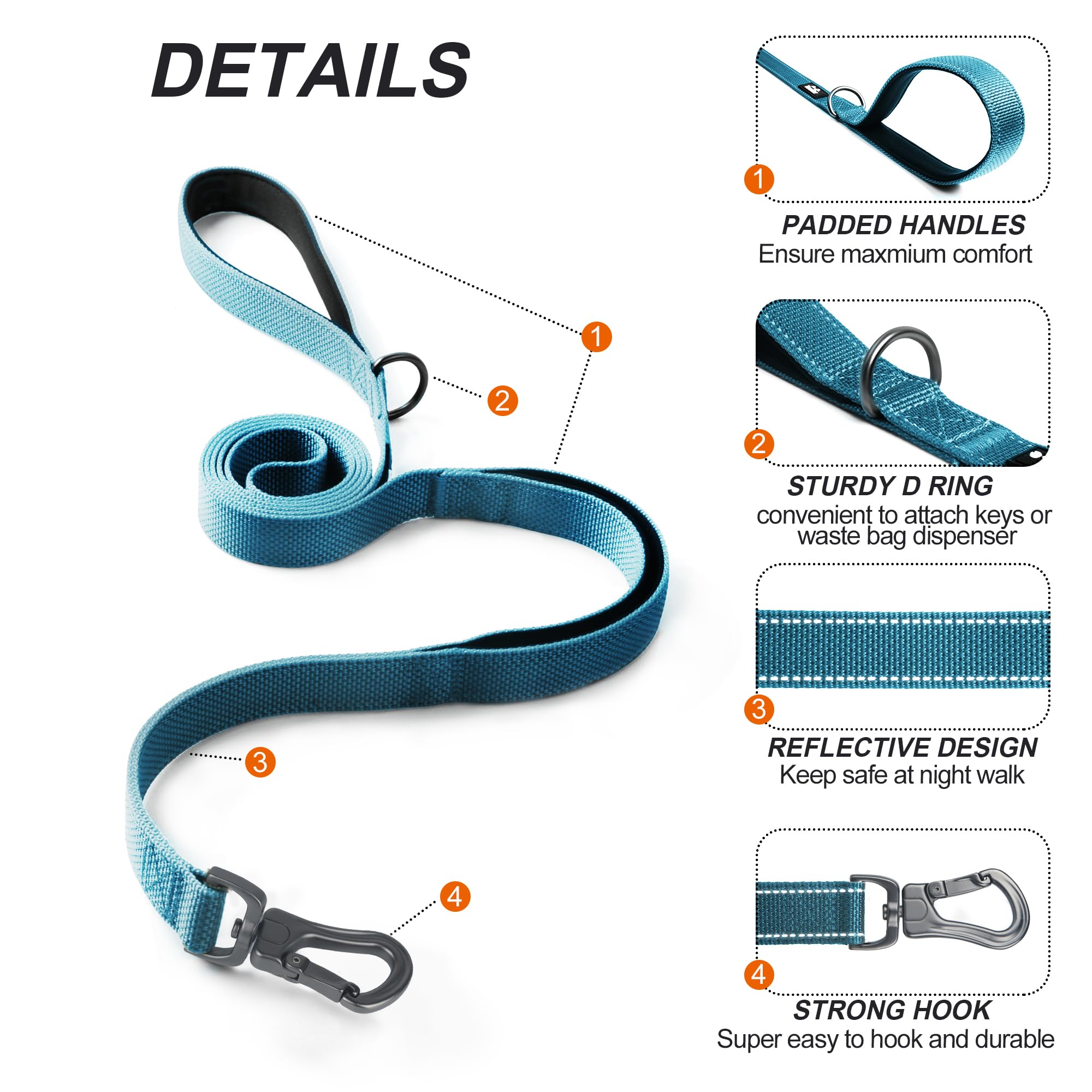 Twoear 5Ft 1In Strong Blue Dog Leash With 2 Padded Handles, Traffic Handle Extra Control, Comfortable Soft Dual Handle, Auto Lock Hook, Reflective Walking Lead For Small Medium And Large Dogs