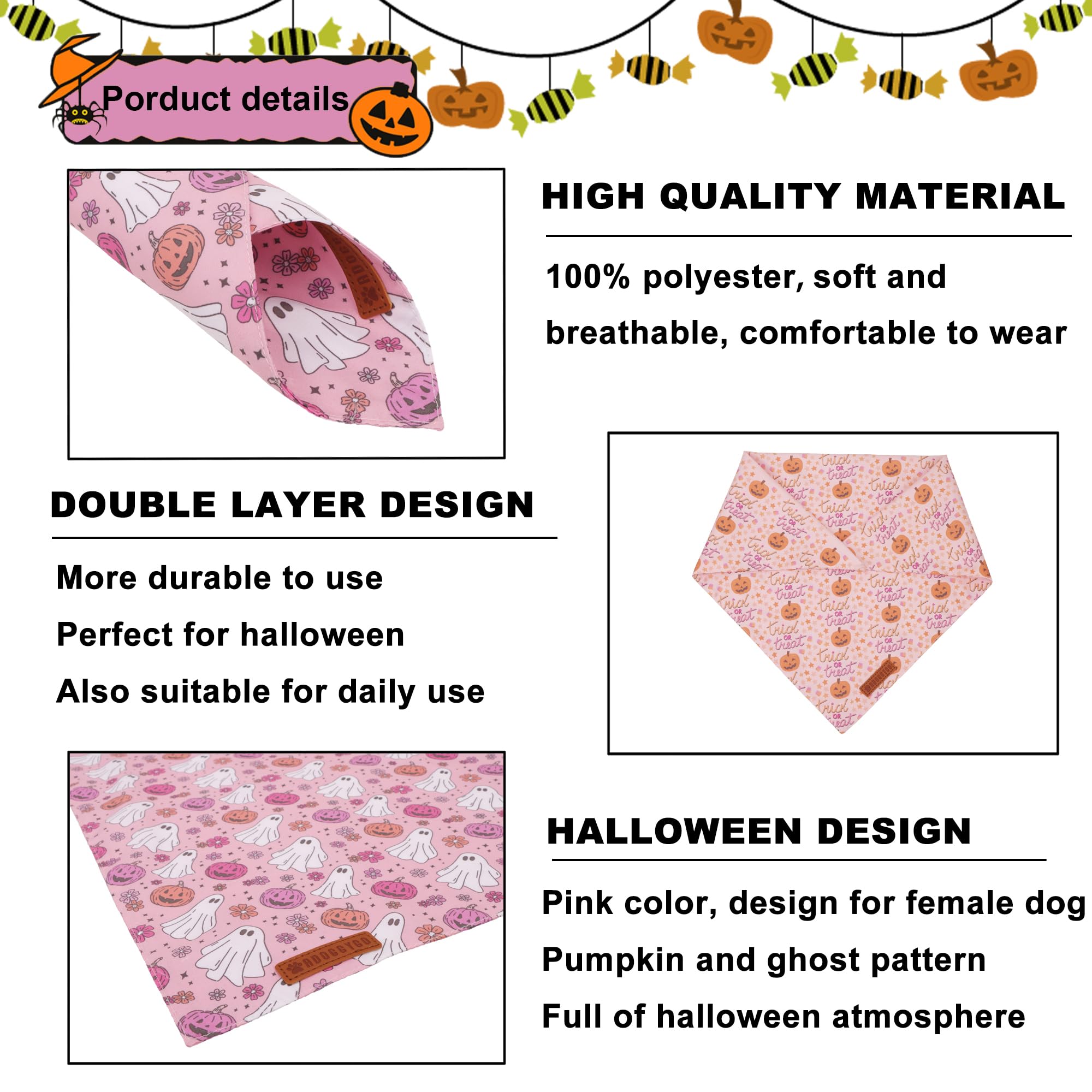 ADOGGYGO Halloween Dog Bandana, Pink Pumpkin Ghost Scarf, Adjustable Fit Female Halloween Bandanas for Small Dogs Puppies (Small