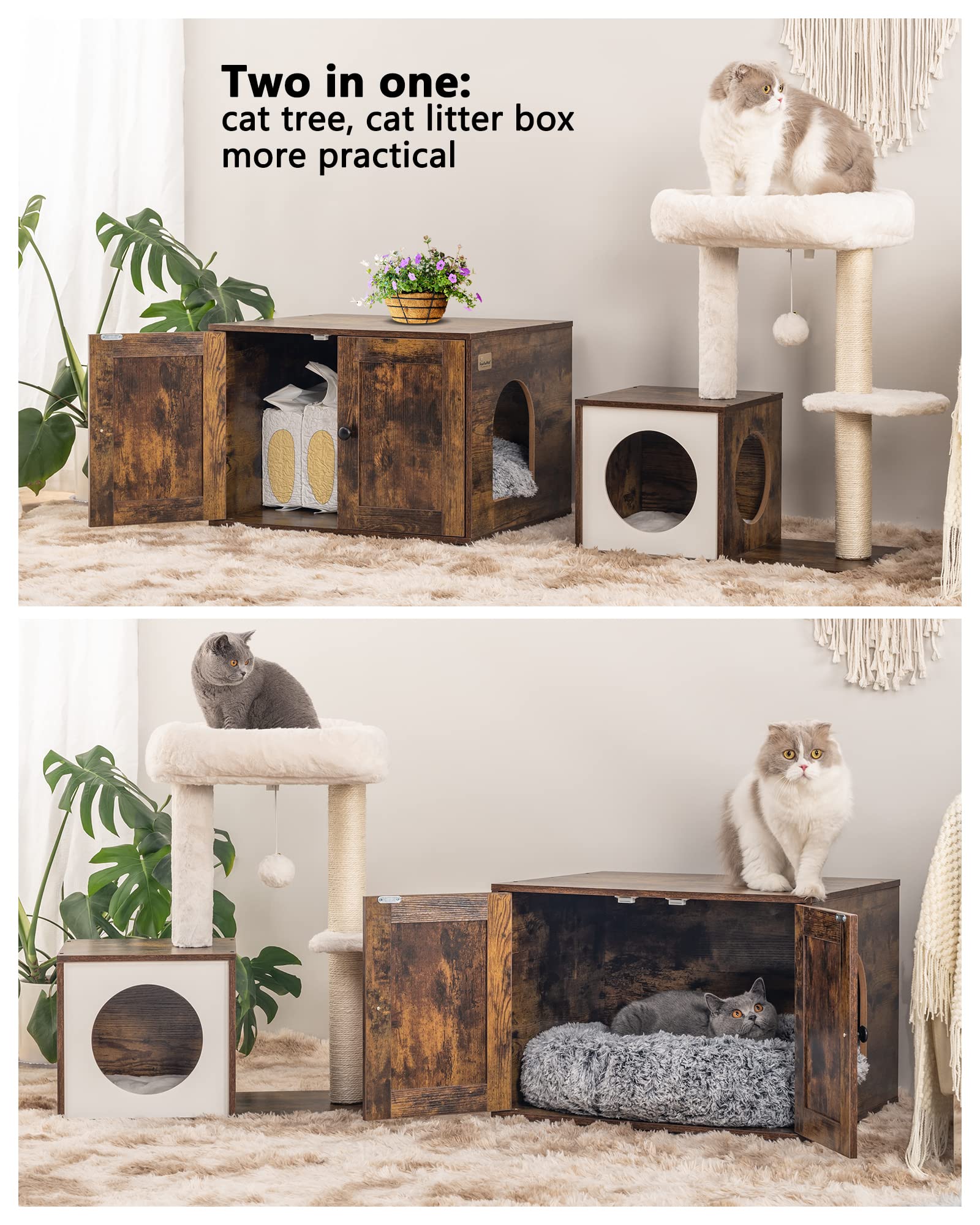 Fourfurpets Multipurpose Cat Litter Box Enclosure With Cat Tree And Condo, Side Table, With Large Platform, Cat House, Full Sisal Posts, Removable Washable Cushion, Rustic Brown