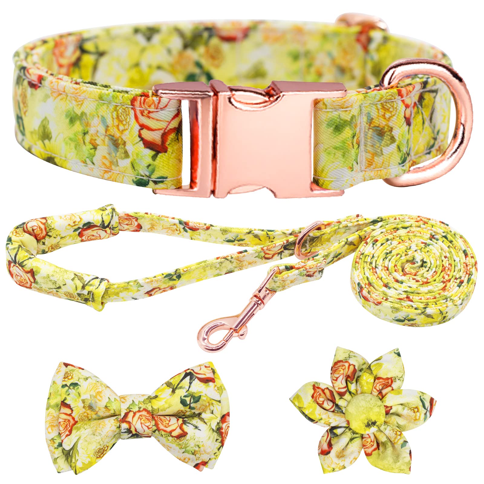 HSIGIO Dog Collar and Leash Set Girls Adjustable Puppy Collars with Floral Bow Tie for Small Medium Large Female Dogs, Yellow Ro