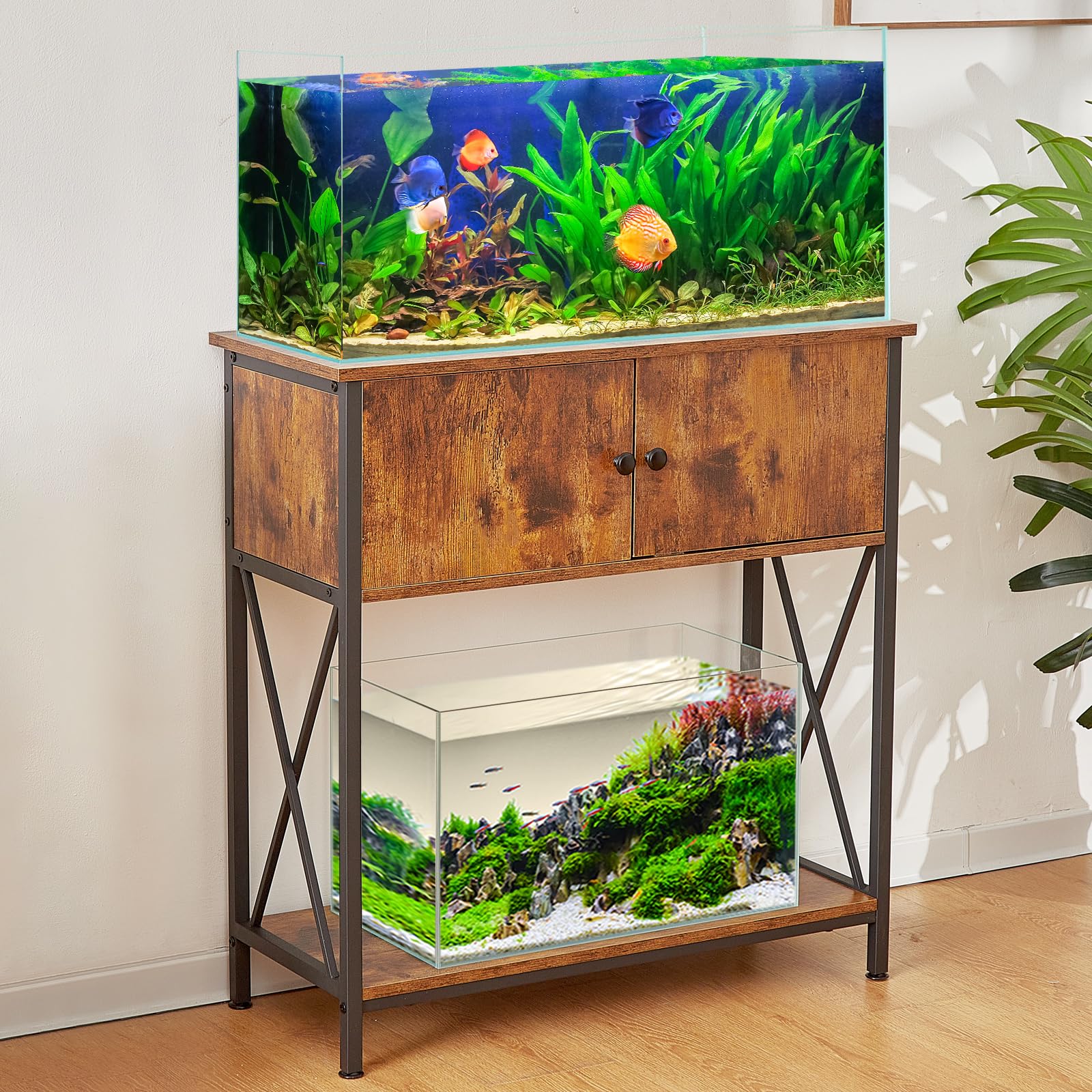 LAQUAL 20-29 Gallon Aquarium Stand with Cabinet, 20 Gallon Long Fish Tank Stand with 31L * 12W Tabletop, Double Heavy Metal 