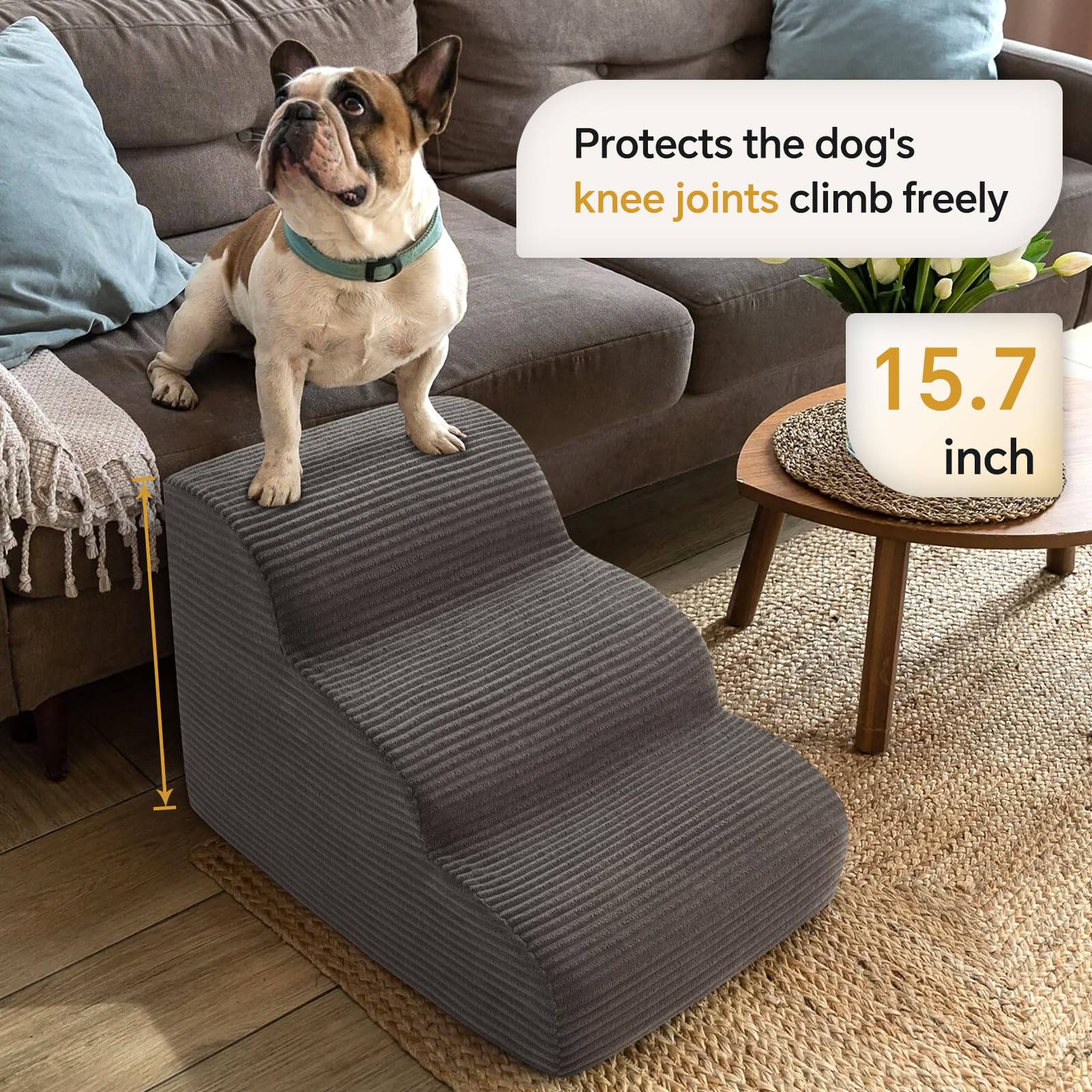 Curved Dog Stairs Ramp for Beds Couches and Chair, 15.7 H, 3-Step Dog Steps for Small Dogs, Pet Stairs for Cats with Non-Slip, R