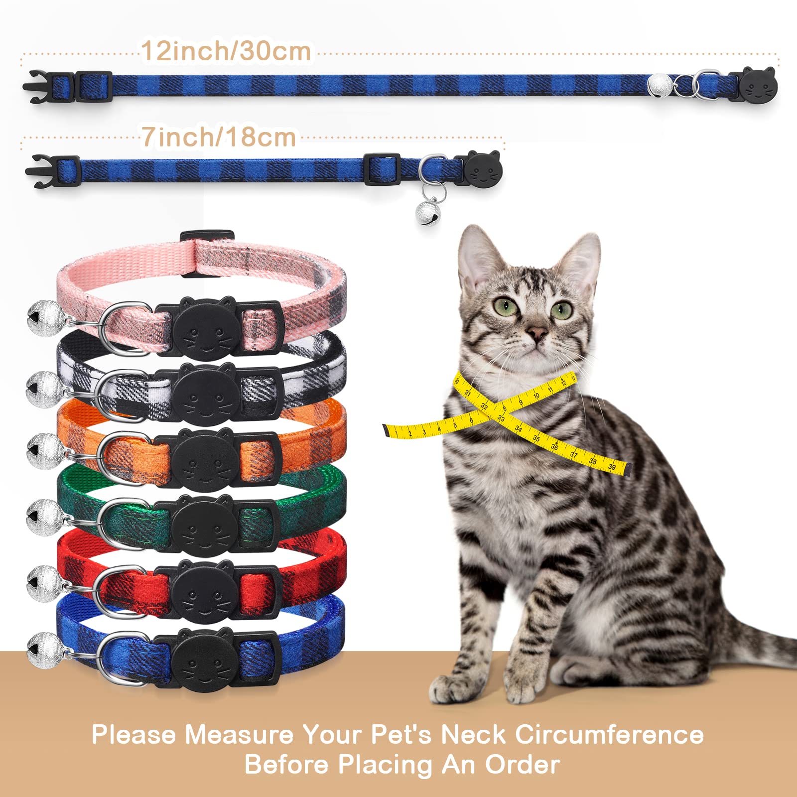 6 Pack Classic Plaid Cat Collars With Bells - Breakaway Kitten Collar And Adjustable 7-12In,Cute Kitty Collar For Girl Boy Cats,