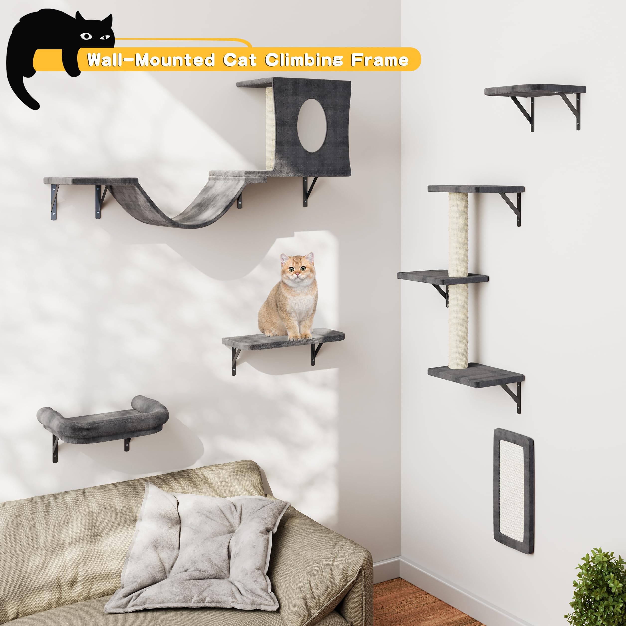 NUNU LAB Wall Mounted Cat Furniture, 6pc Cat Wall Furniture, Cat Climber with Cat House, Bridge, Tree, Steps, and Scratcher, DIY