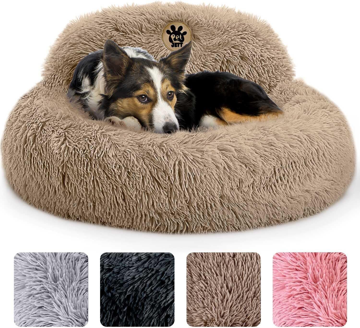 PetJett Calming Medium Dog Bed - 30 Round Dog Beds, Anti-Slip & Washable Super Soft Fluffy Plush Donut Bed, Anti-Anxiety Premi
