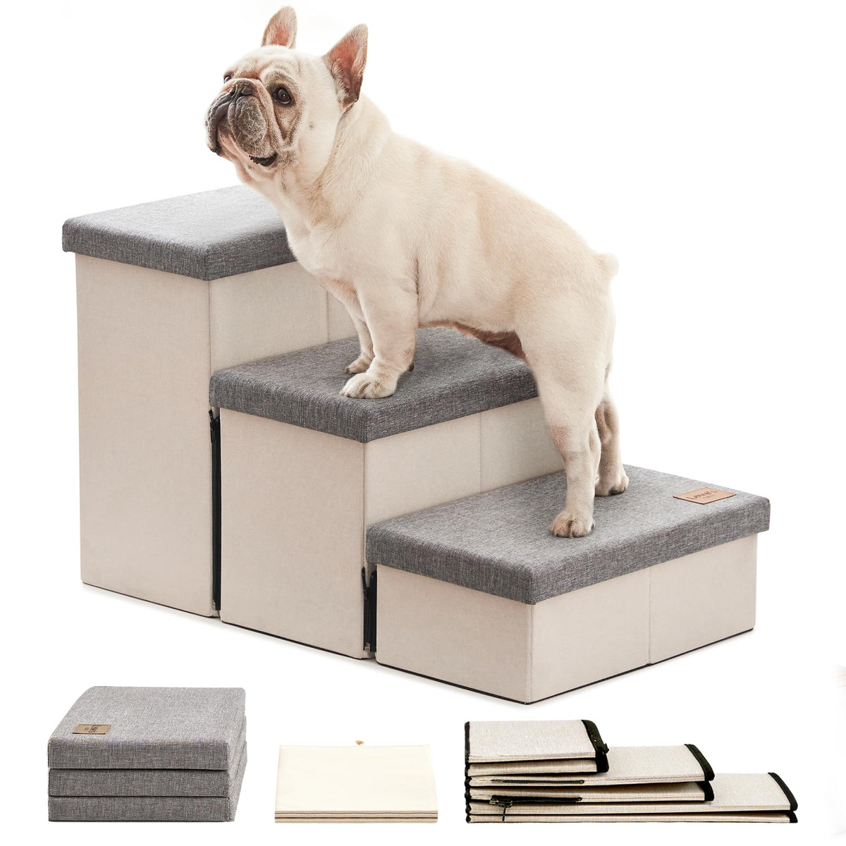 Love'S Cabin Dog Stairs For High Bed 18'H,Foldable Pet Stairs For Small Medium Or Large Dogs Puppy With Storage For Bed Or Couch, Cat Dog Steps Ramp With Zip Up To 210 Lbs(Light Grey,3 Steps No Condo)