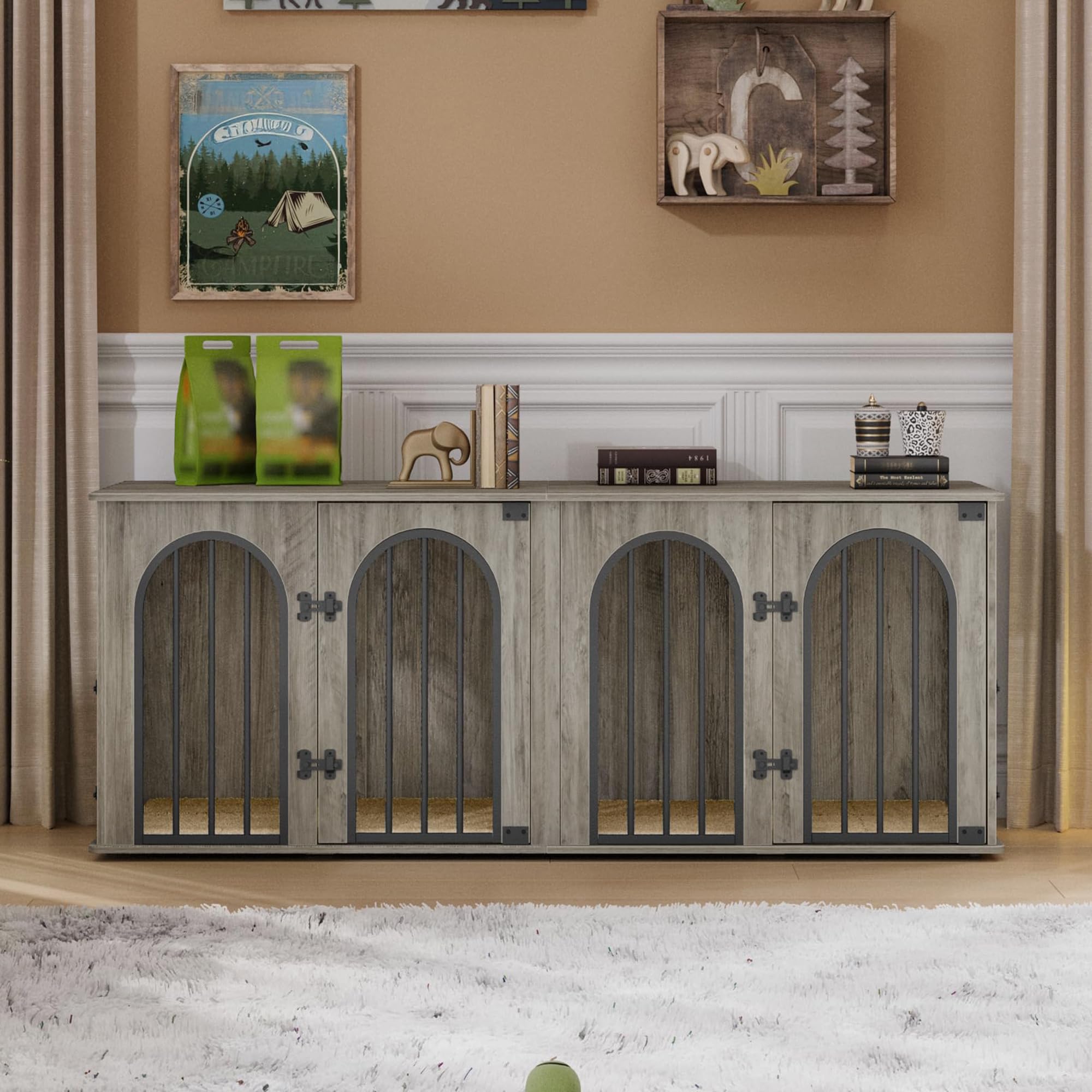 Hzuaneri 63 Dog Crate Furniture for 2 Dogs, Heavy Duty Indoor Dog Kennel TV Stand, L Wooden Dog Cage with Divider for Medium Lar