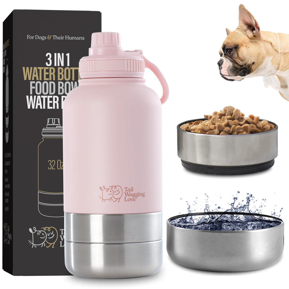 Tail Wagging Love 32Oz 3-In-1 Travel Water Bottle For Dogs & Humans, Dual Use, Stainless Steel, Keeps Water Hot 6Hrs/Cold 12Hrs,