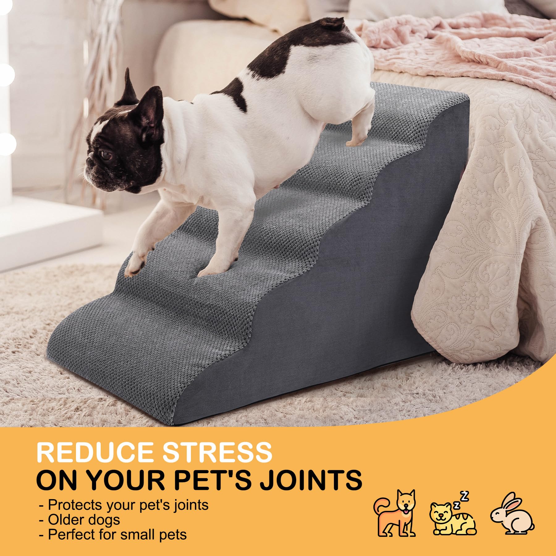 Ciwivoki Dog Stairs For Bed, 5 Tier Dog Steps For Couch And High Bed, Non-Slip Pet Stairs, 24' High Sofa Foam Dog Stairs - Best For Small Pets, Older Dogs, Cats With Joint Pain