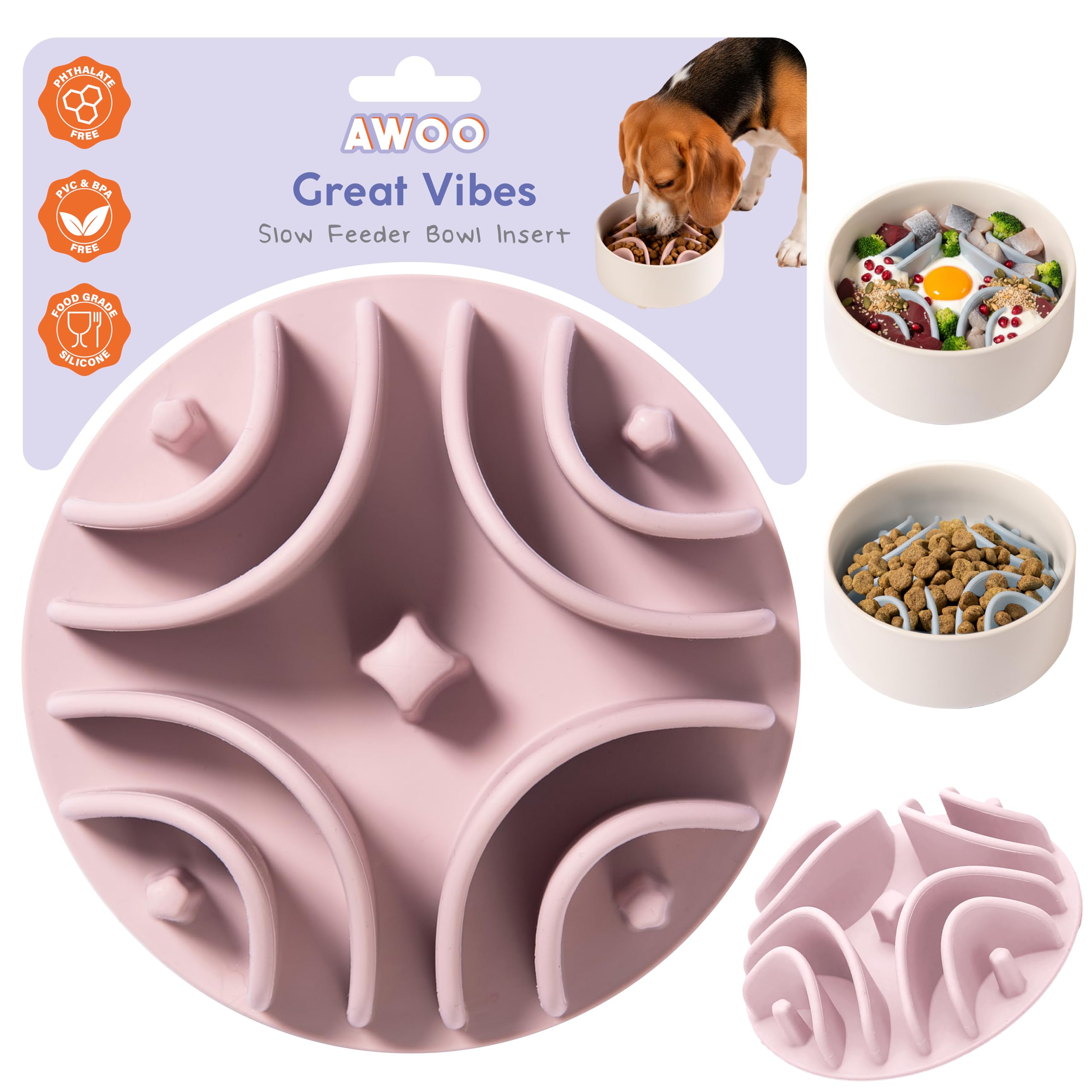 Awoo Great Vibes - Silicone Slow Feeder for Dog Bowls Over 5.5 Inches - Non-Slip, Wet and Dry Food-Compatible Pet Dish with Suct