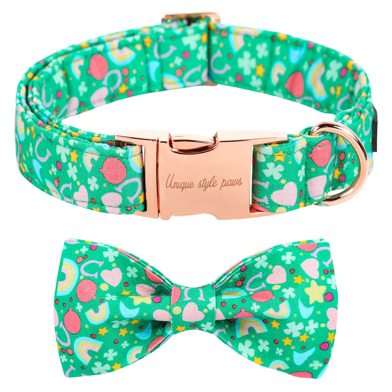 Unique Style Paws St. Patrick 'S Day Dog Collar With Bow Tie Rainbow Clover Heart Puppy Collar For Small Medium Large Boys Girls