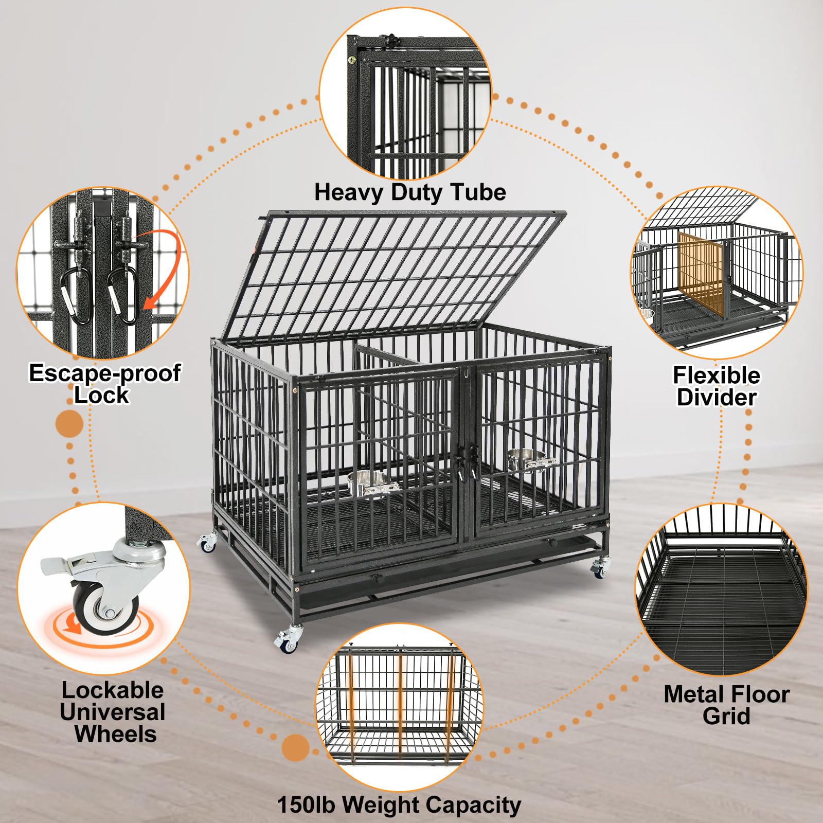 Homey Pet 4 Pack Three Tiers 43 inch Dog Crate with Wheels, Stackable Heavy Duty Indestructible Steel Dog Cage Kennel Indoor wit