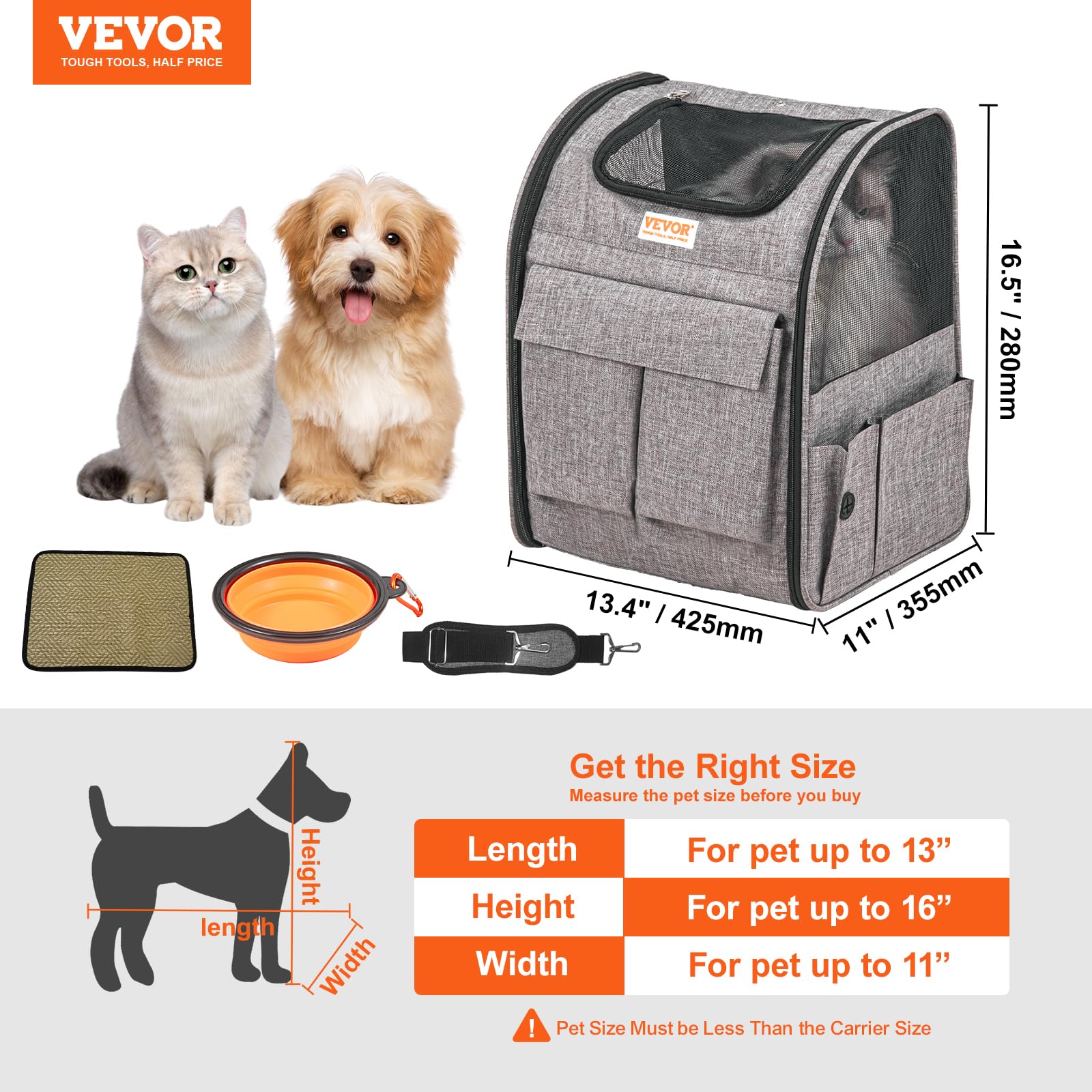 Vevor Dog Backpack Carrier With Wheels, Rolling Cat Carrier Backpacks, Wheeled Pet Carrier Backpack For Small Dogs And Medium Cats Under 18Lbs With Detachable Trolley And Upgraded Wheels, Grey