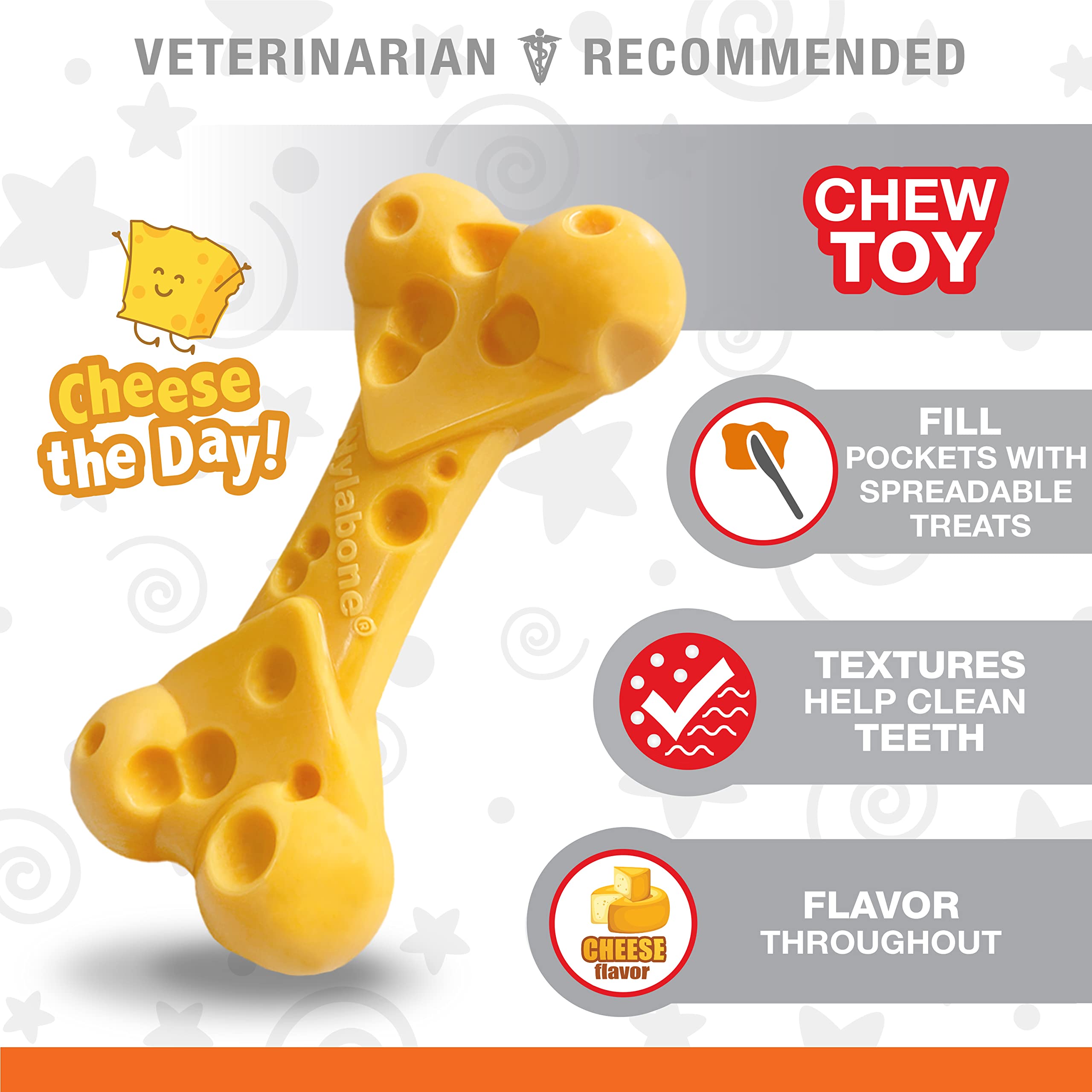 Nylabone Cheese Bone Power Chew Toy for Dogs, Cute Dog Toys for Aggressive Chewers, Cheese Flavor, Medium - Up to 35 lbs, 1 Coun