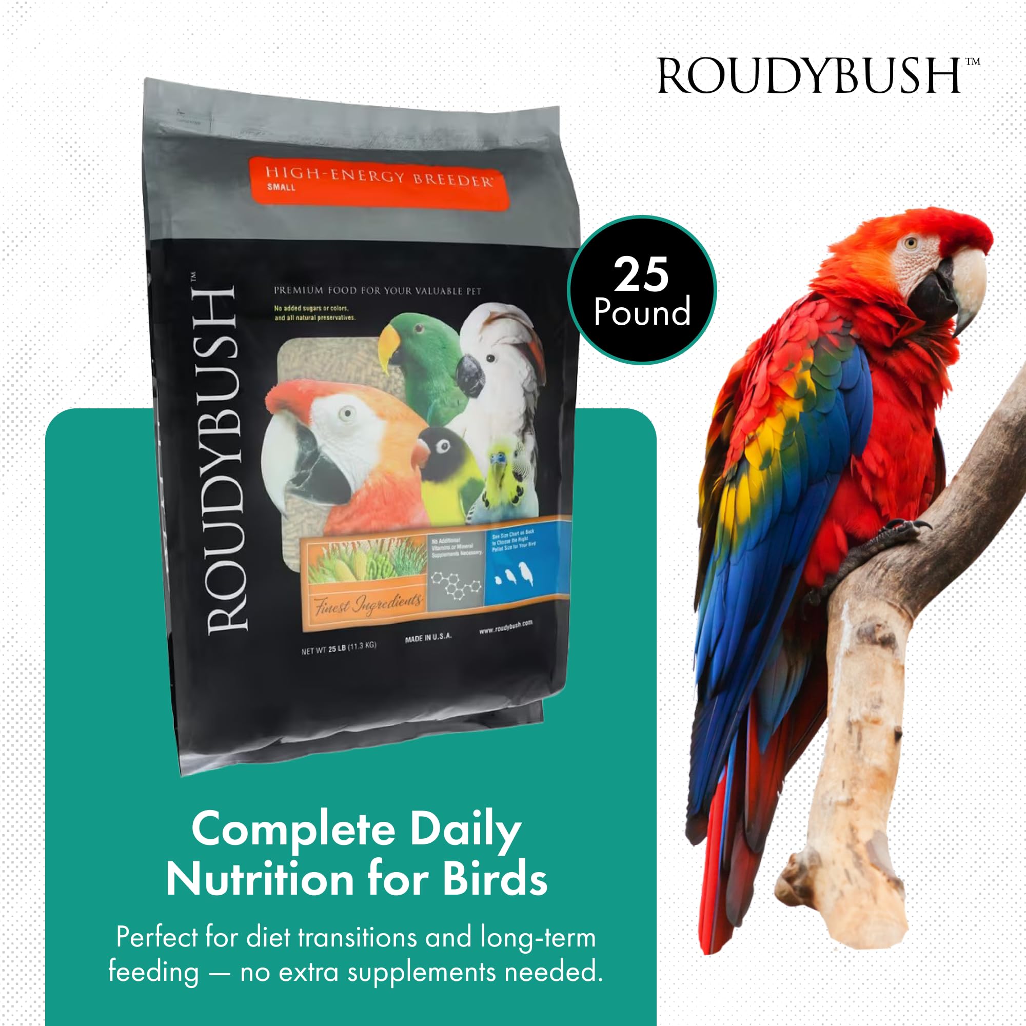 Roudybush High Energy Breeder Food for Breeding & Weaning Birds - Scientifically Formulated Bird Feed - Bird Food Pellets w/ Cor