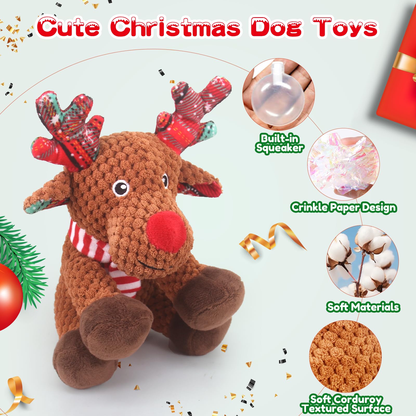 Christmas Dog Toys, Dog Squeaky Toys With Crinkle Paper, Interactive Plush Puppy Chew Toys, Cute Reindeer Dog Funny Toys, Dog Gi