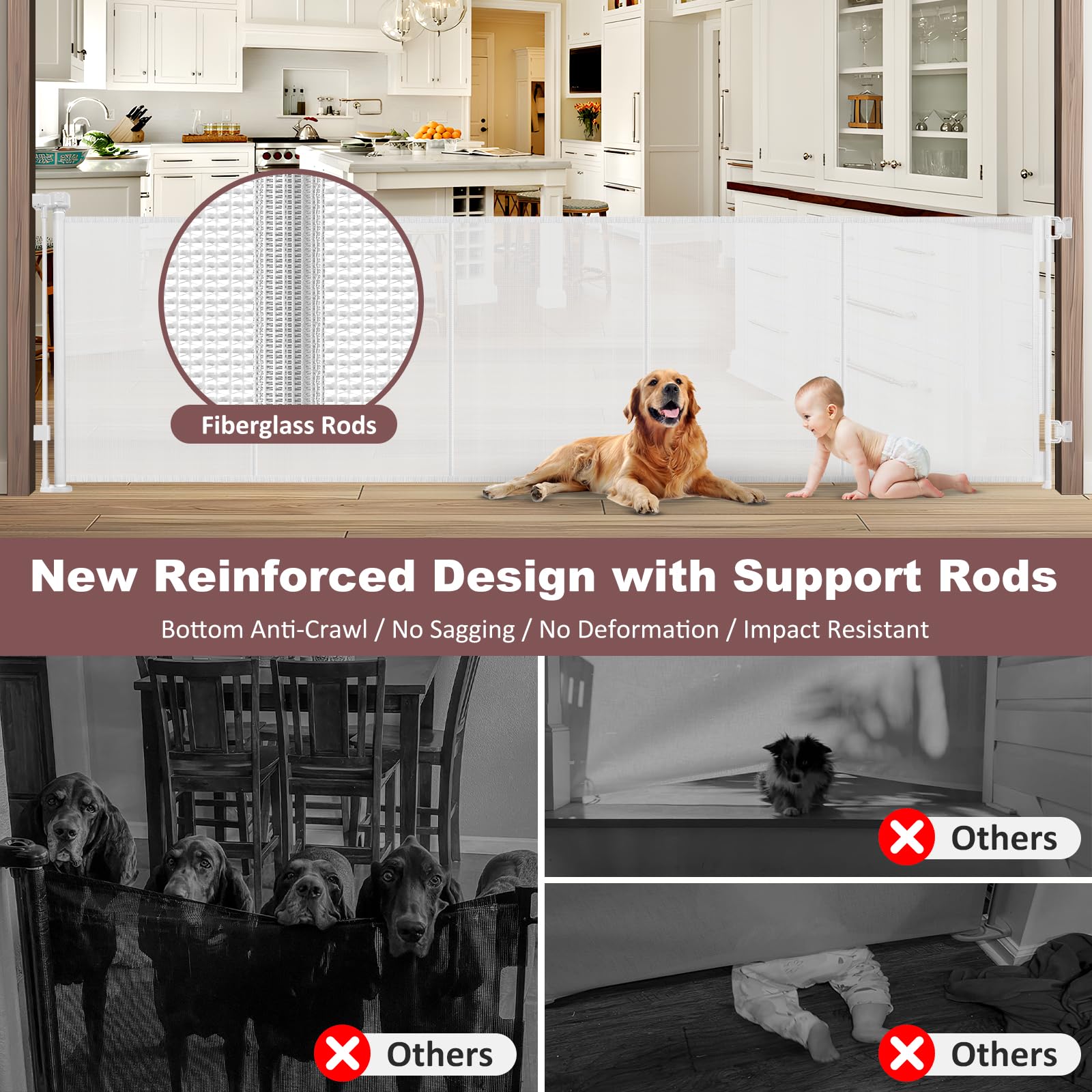 Reinforced 41'' Extra Tall Retractable Baby Gates Extra Wide 120'' Retractable Dog Gate with Support Rods, Indoor Mesh Baby Gate