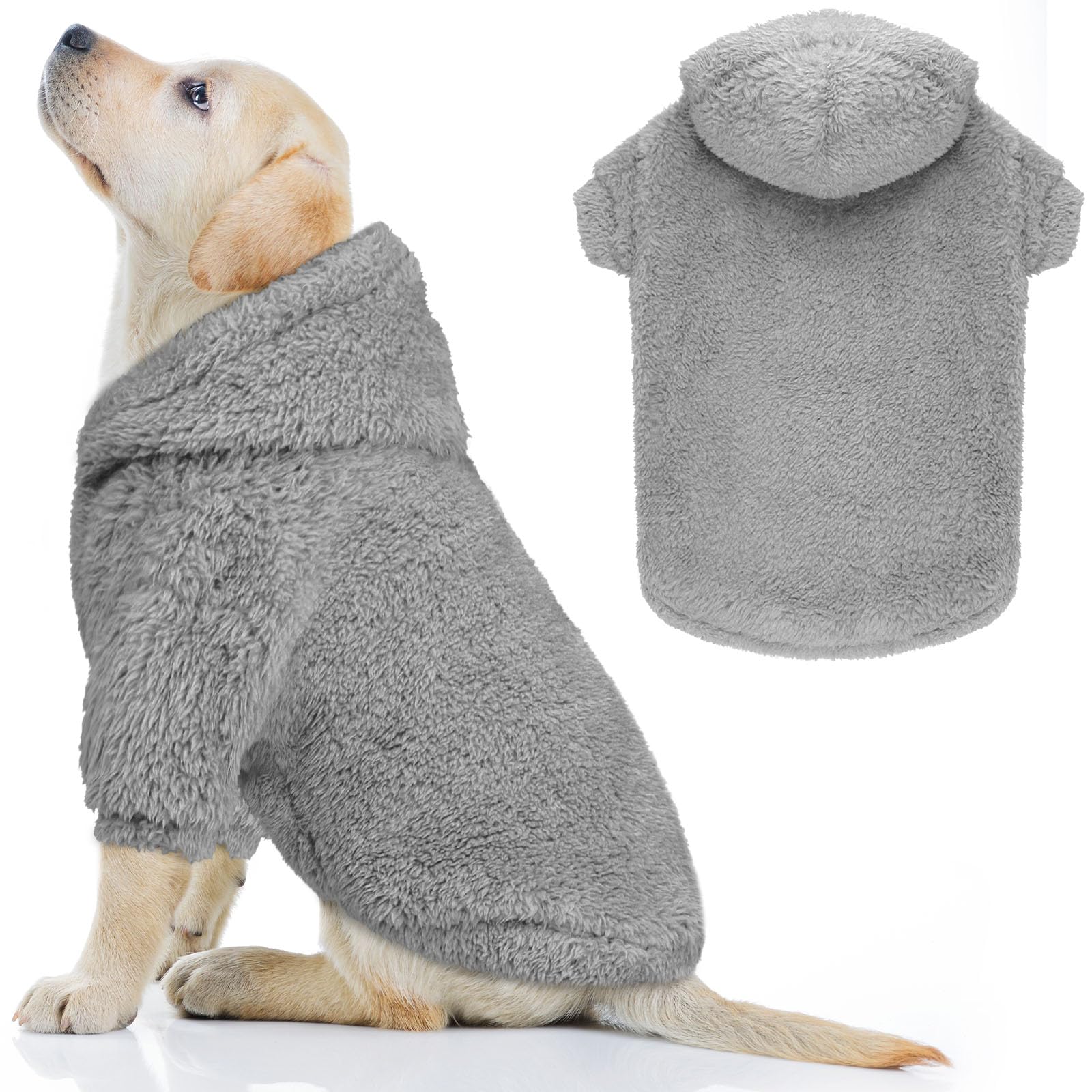 Fuzzy Dog Hoodie - Soft Double-Sided Plush Fleece Dog Sweater - Grey-L