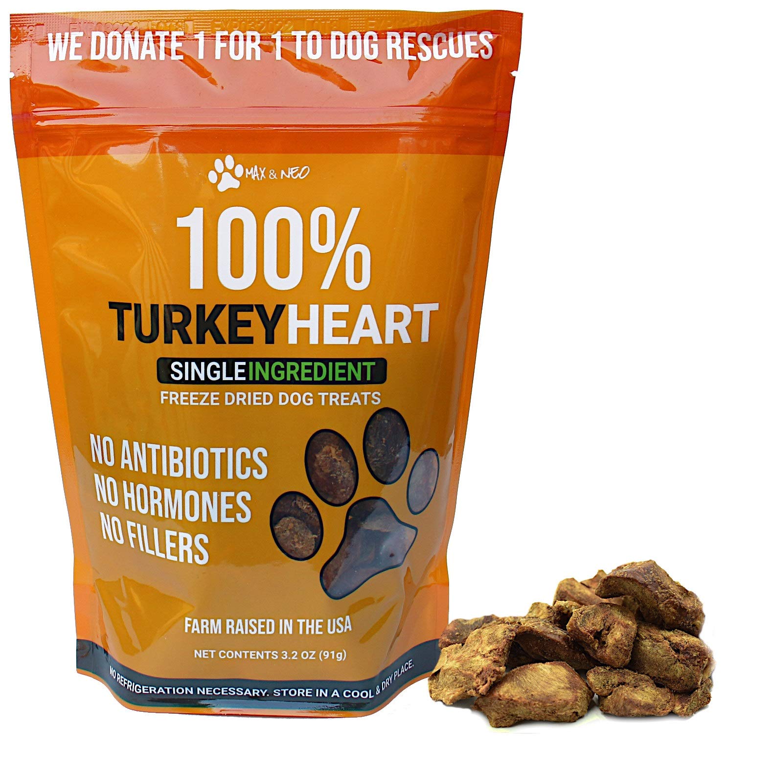 Max and Neo Freeze Dried Turkey Heart Dog Treats - Single Ingredient, Small Farm, Antibiotic Free, Human Grade Turkey Grown in T