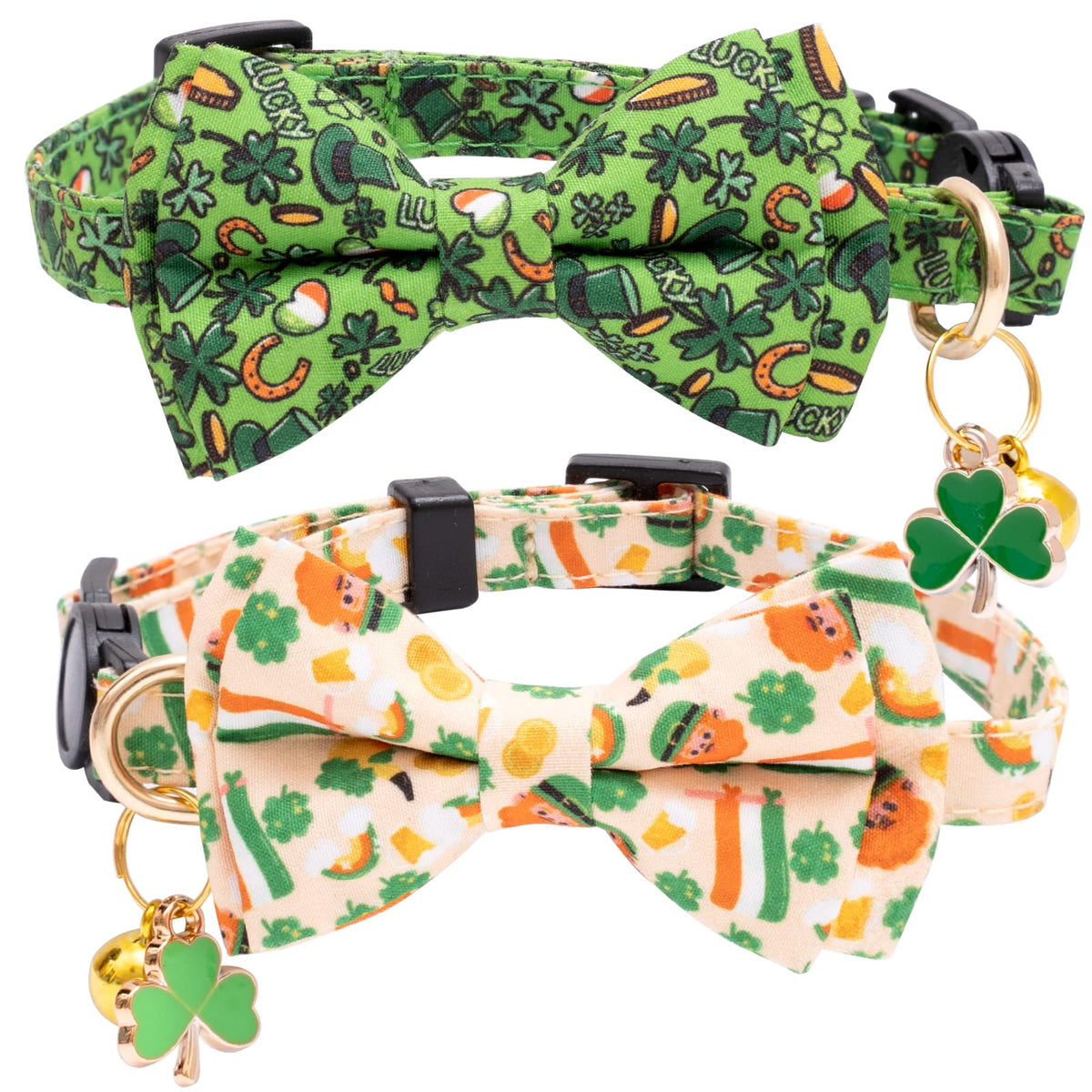 Faygarsle 2 Pack St Patrick'S Day Cat Collar Cute Trefoil Gold Coin Printed Collar With Bow Tie Breakaway Green Yellow Cat Colla
