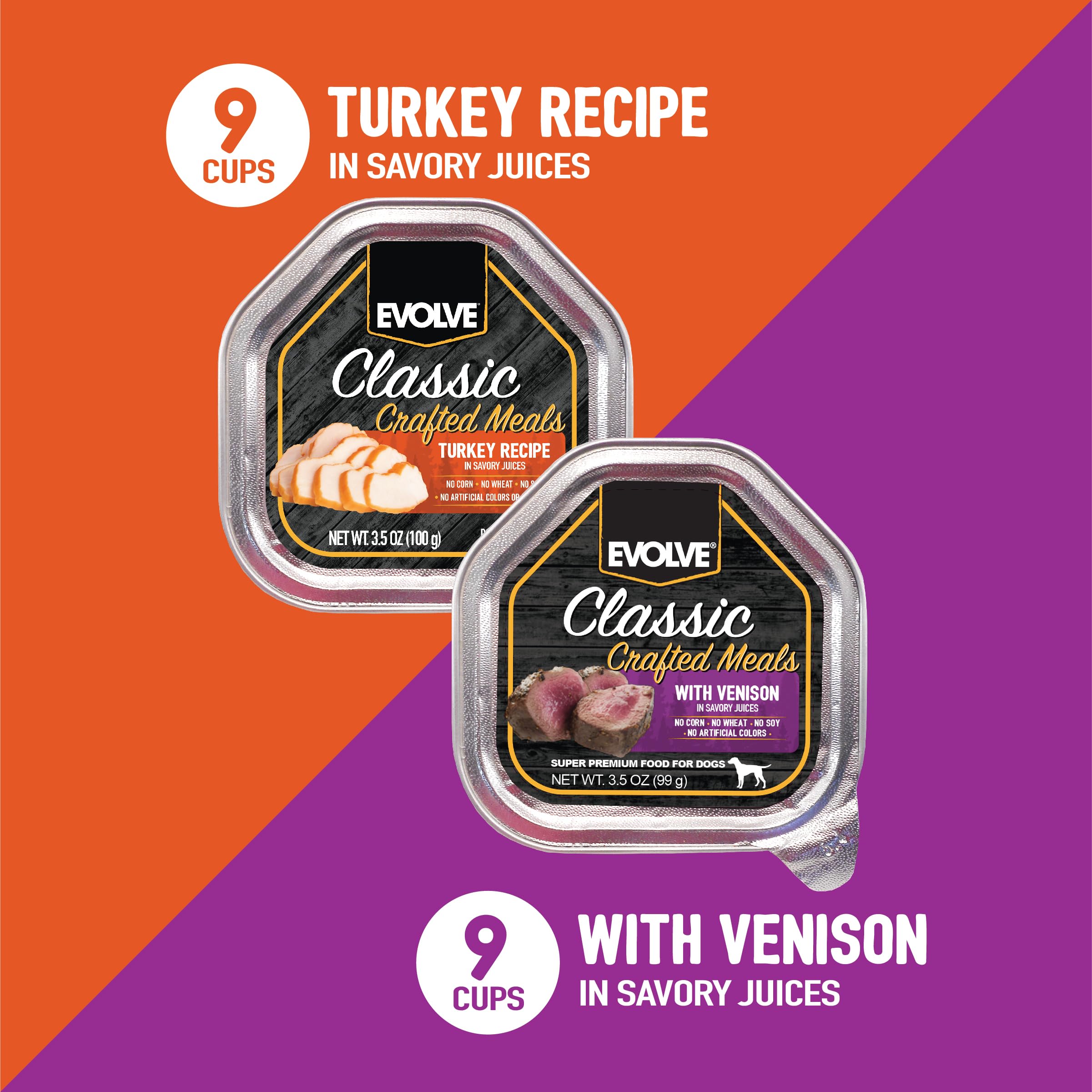 Evolve Classic Crafted Meals Variety Pack Turkey Recipe & with Venison Wet Dog Food | 3.5 oz - 18 pack