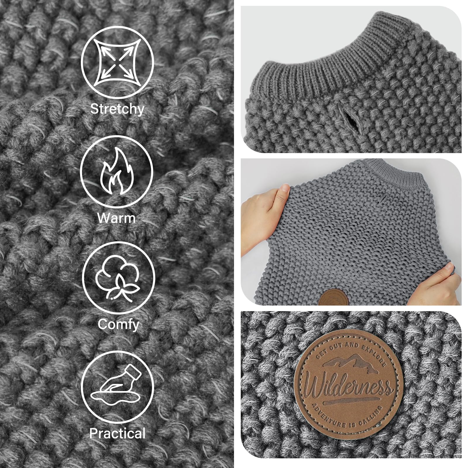 Kyeese Comfy Dog Clothes - Warm Dog Sweater With Leash Hole, Reflective Yarn, Grey, 2Xl