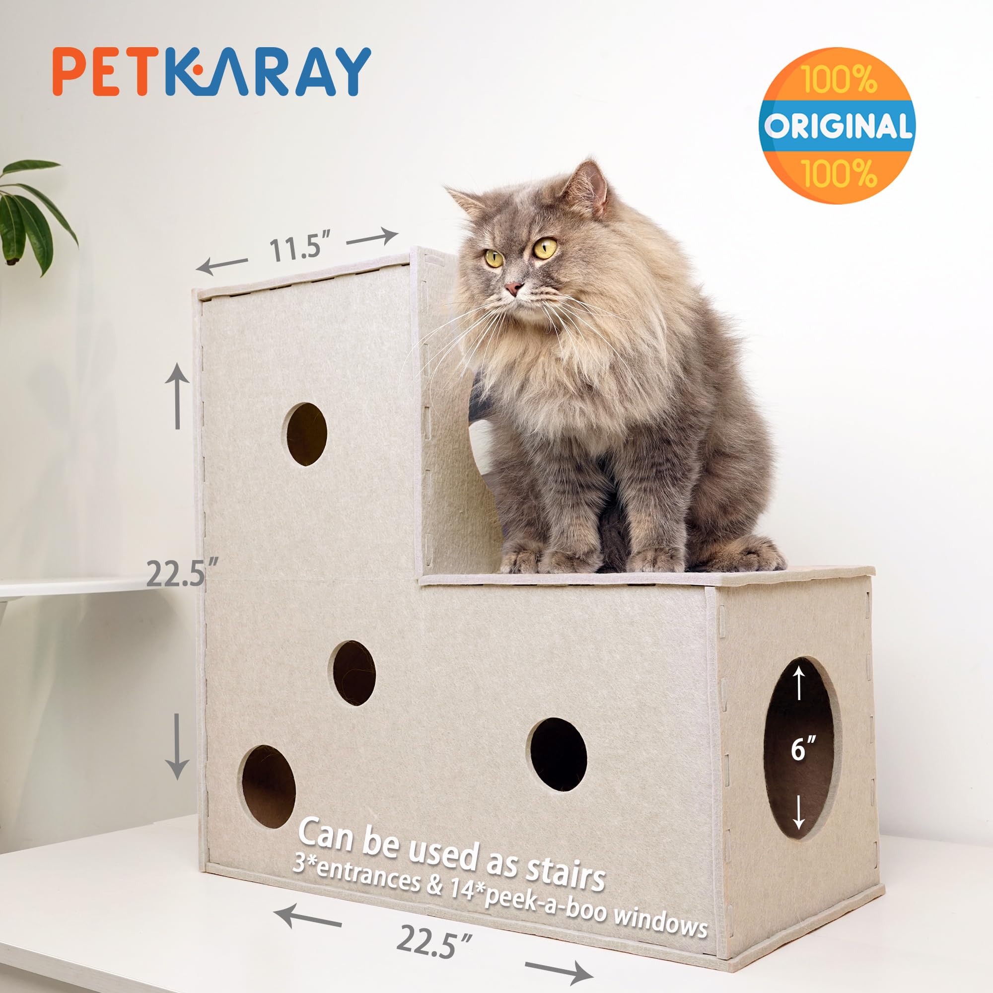 PETKARAY Cat Tunnel - L-Shape Felt Hideaway for Indoor Cats, Beige, Interactive Peek Hole, Large Kitten Play Tube