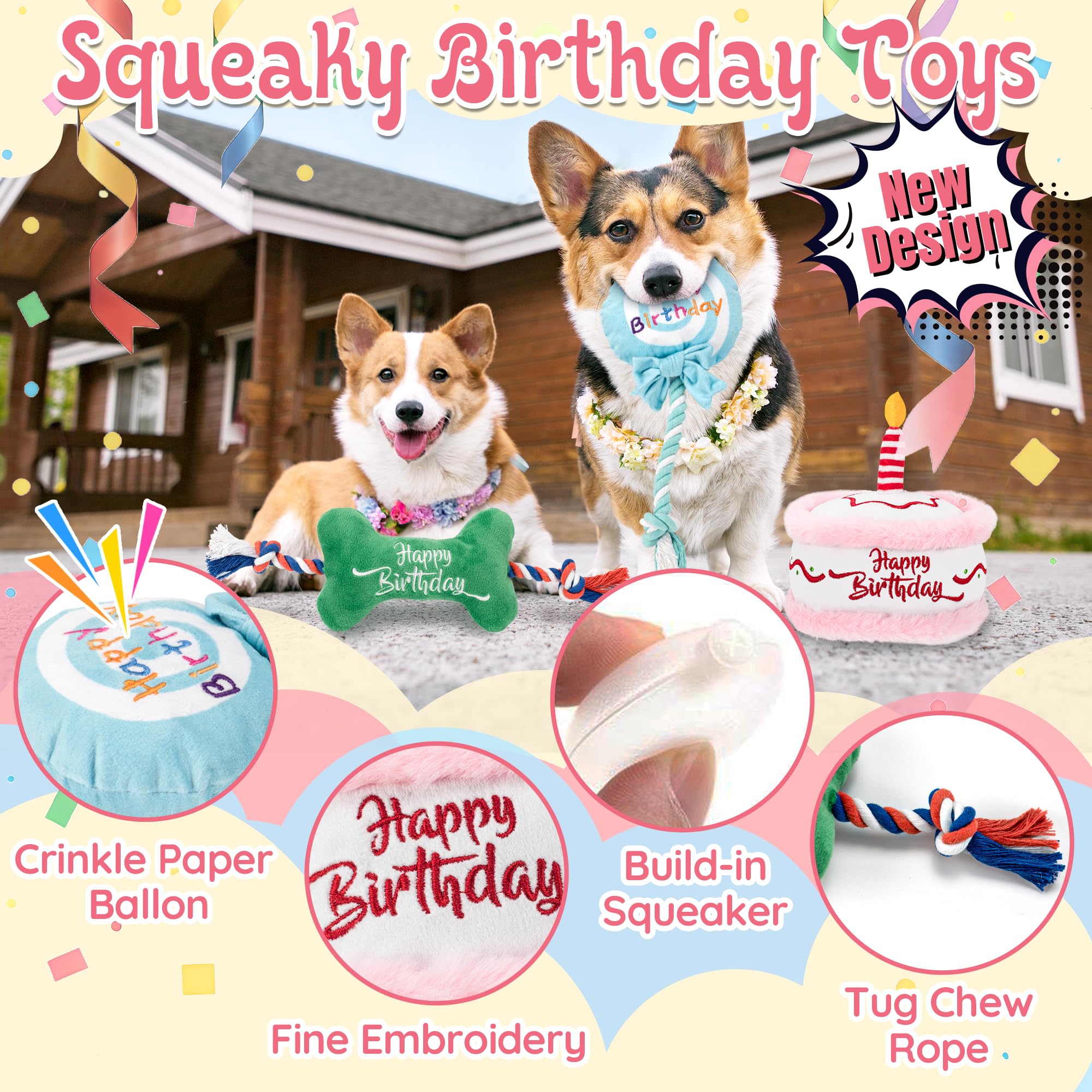 LECHONG Dog Birthday Gifts Set, Squeaky Dog Toys and Memorial Paw Print Kit for Small Medium Dogs Birthday Celebration Include B