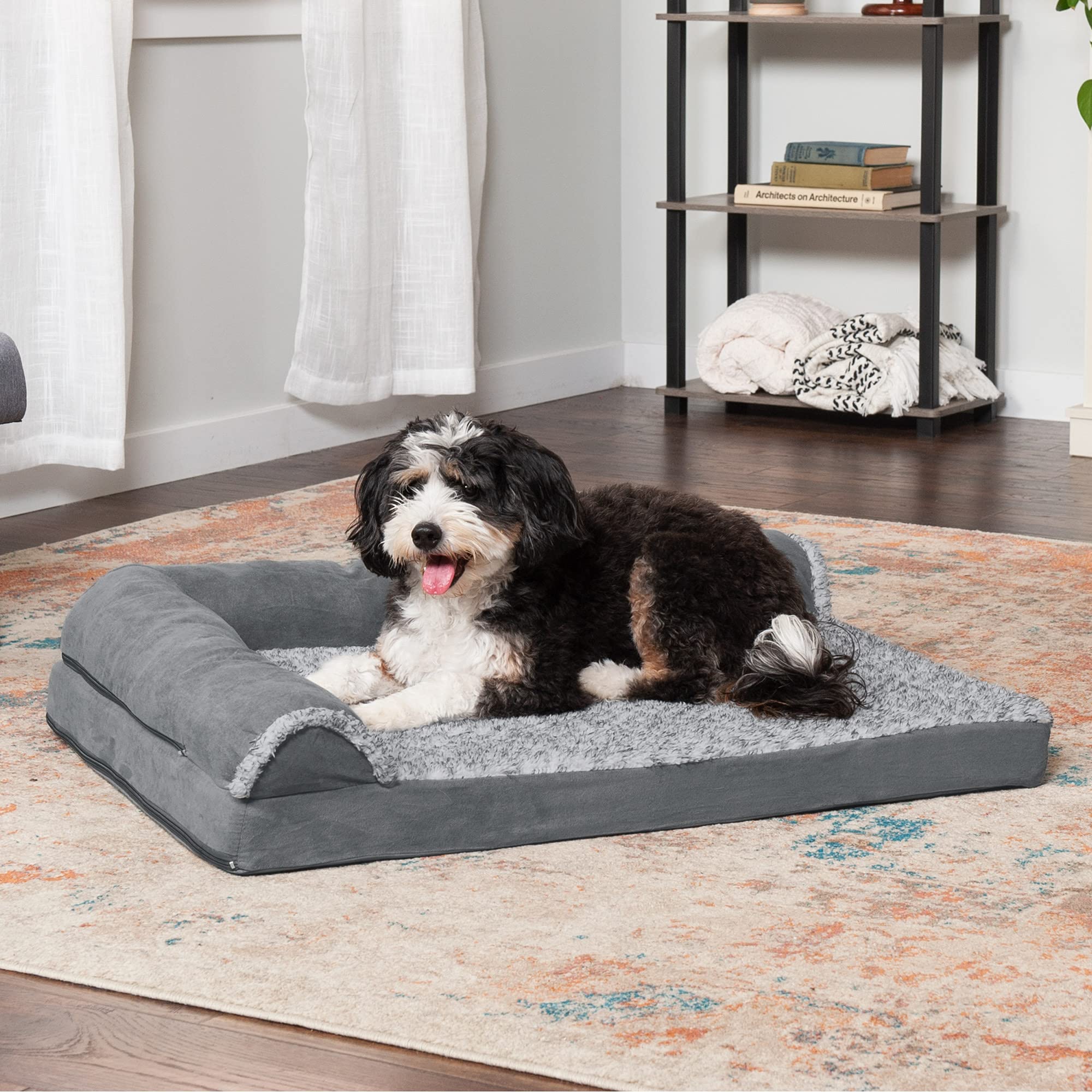 Furhaven Orthopedic Dog Bed For Large/Medium Dogs W/ Removable Bolsters & Washable Cover, For Dogs Up To 55 Lbs - Two-Tone Plush Faux Fur & Suede L Shaped Chaise - Stone Gray, Large