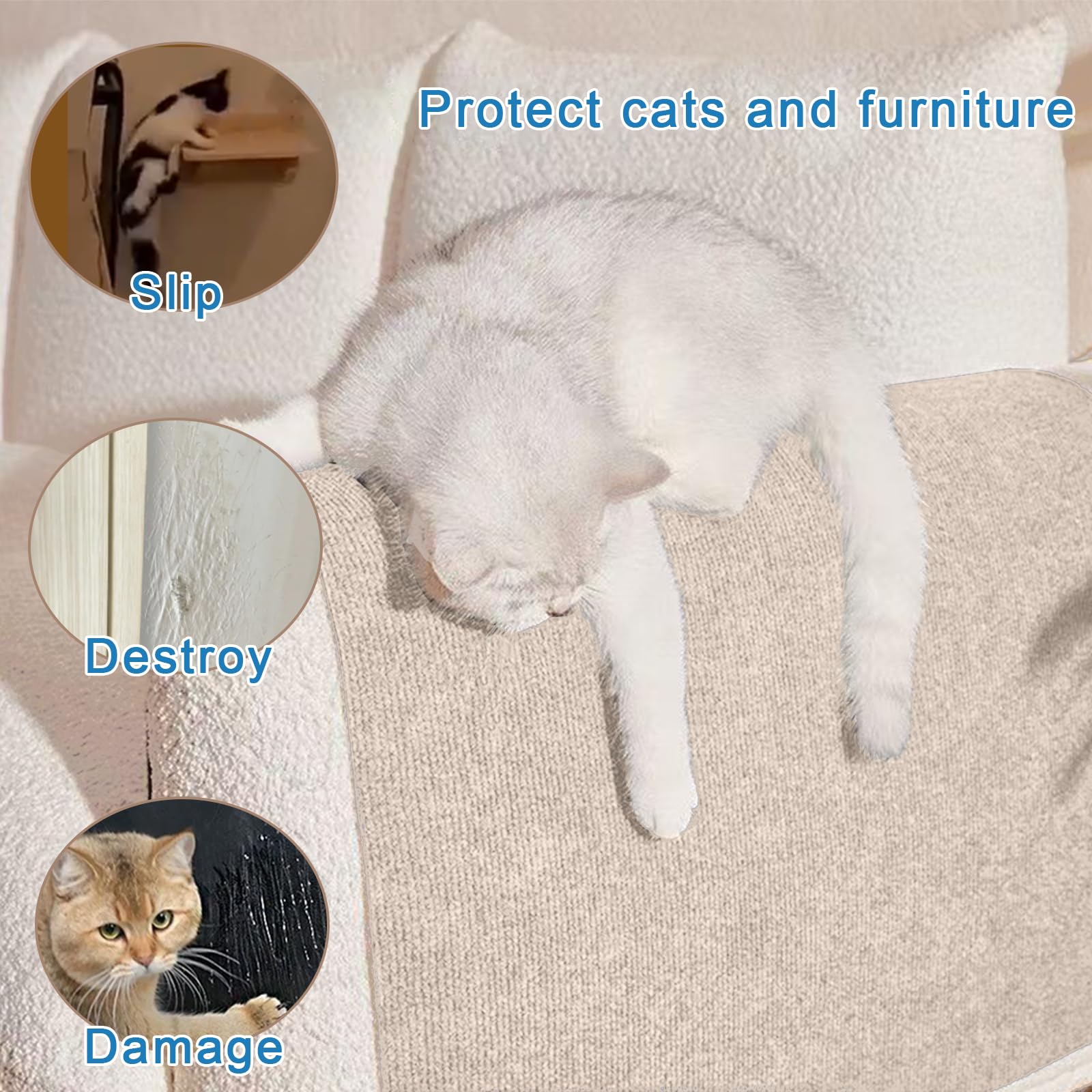 Miuzmore Cat Carpet, 98.4'' X 15.8'' Trimmable Replacement Scratching Mat,Self-Adhesive Scratch Mat - Cat Scratch Furniture Prot