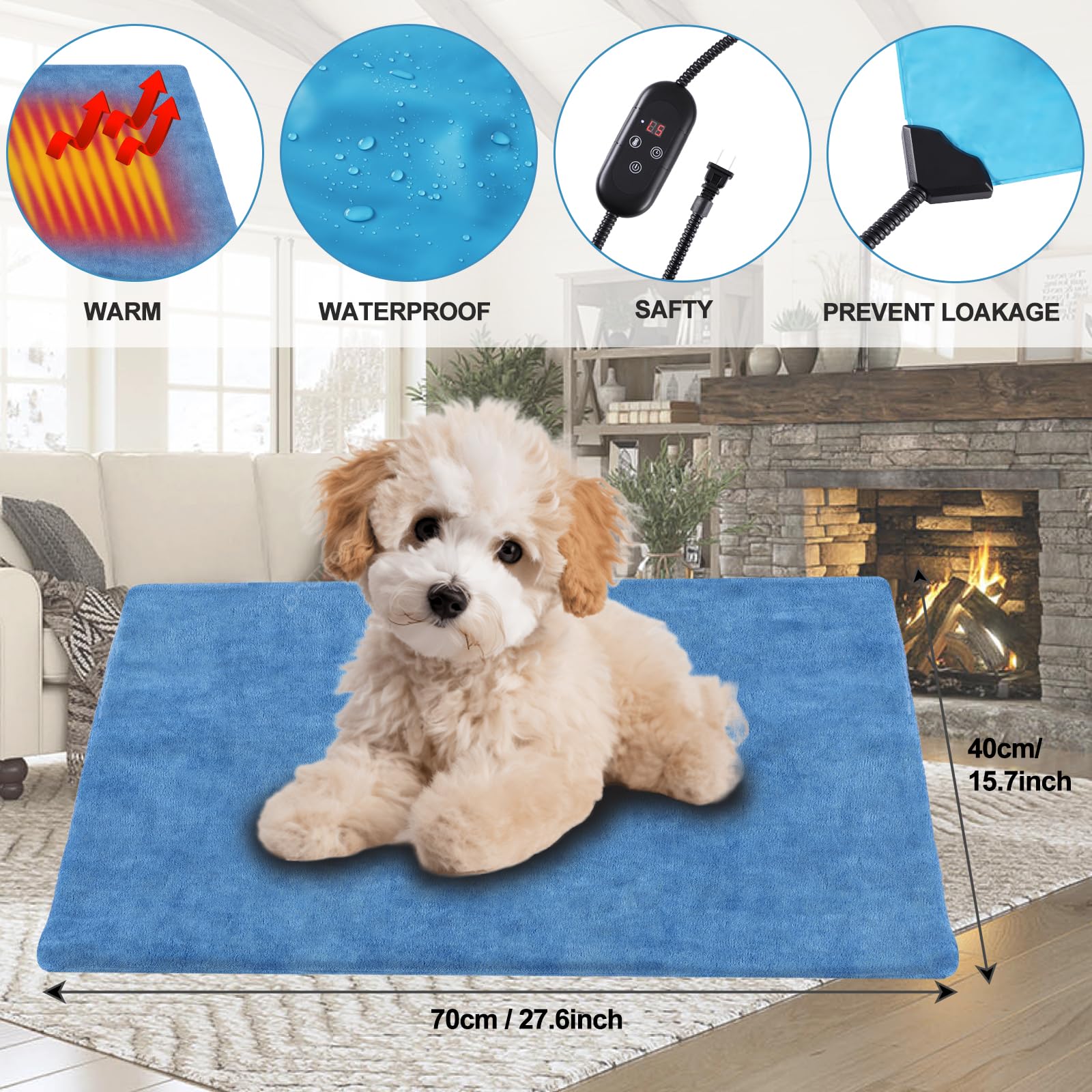 Kekelan Pet Heating Pad For Dogs, Indoor Outdoor Waterproof Electric Heated Pad Mat For Cats With Chew Resistant Cord,5 Timer And 6 Level Temperature Pet Bed Warmer-15.7X27.5